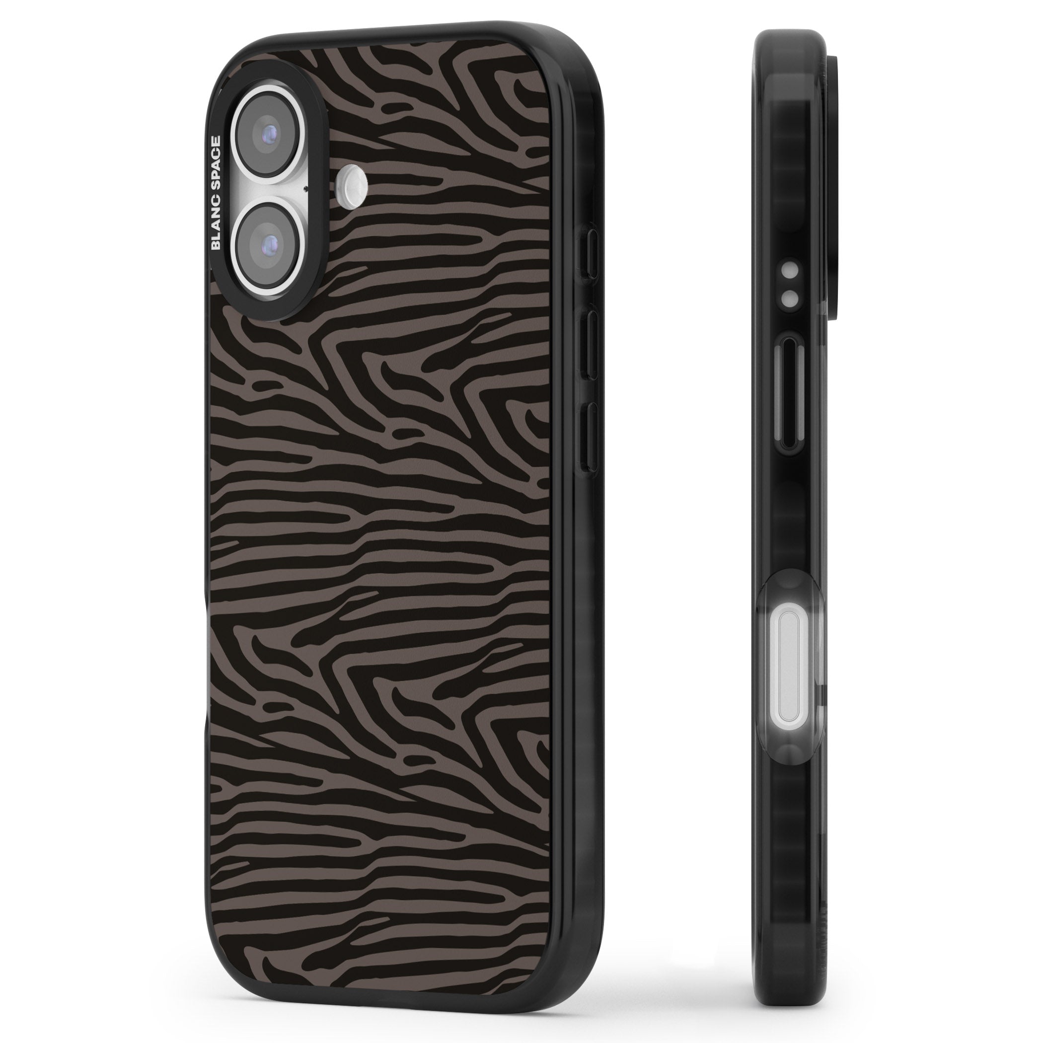 Dark Zebra Print iPhone 17 Impact Black Phone Case Side Profile