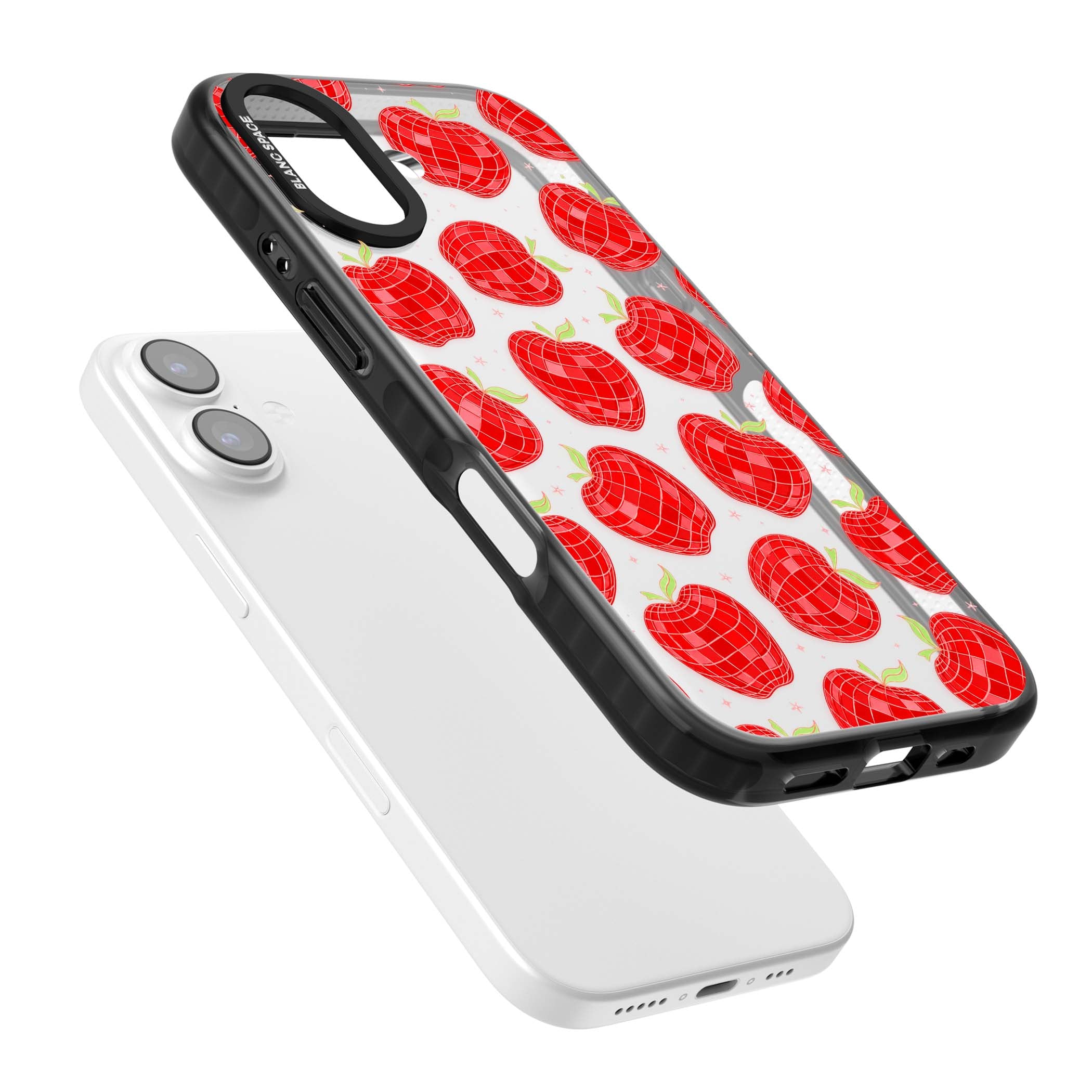 Disco Apples Y2K iPhone case featuring red disco ball apples, green leaves and pink sparkles on clear | Clear Impact case for iPhone 17