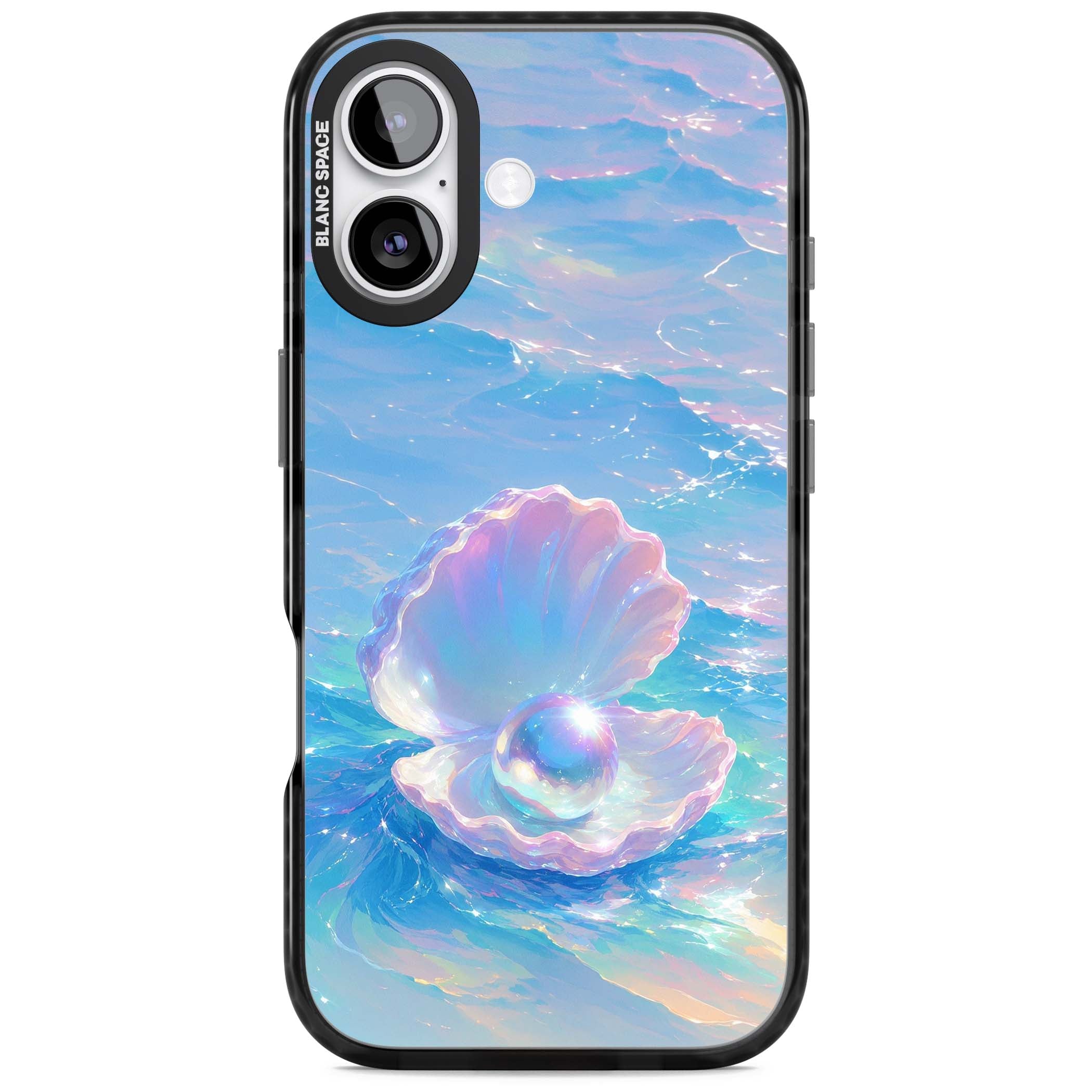 The Pearl Clam mermaidcore iPhone case featuring iridescent seashell, glowing pearl and pastel ocean waves | Clear Impact case for iPhone 17