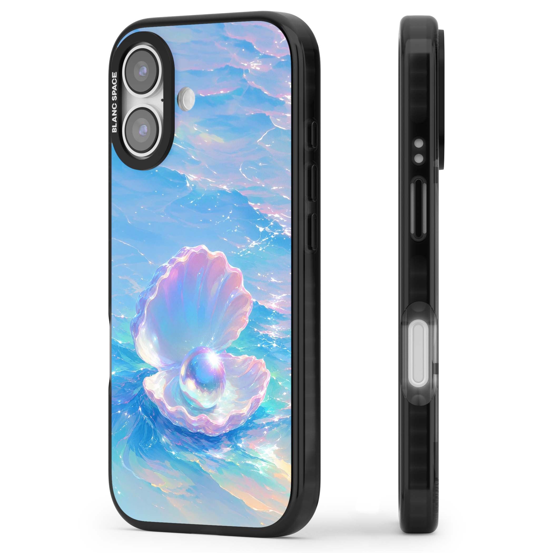 The Pearl Clam mermaidcore iPhone case featuring iridescent seashell, glowing pearl and pastel ocean waves | Clear Impact case for iPhone 17