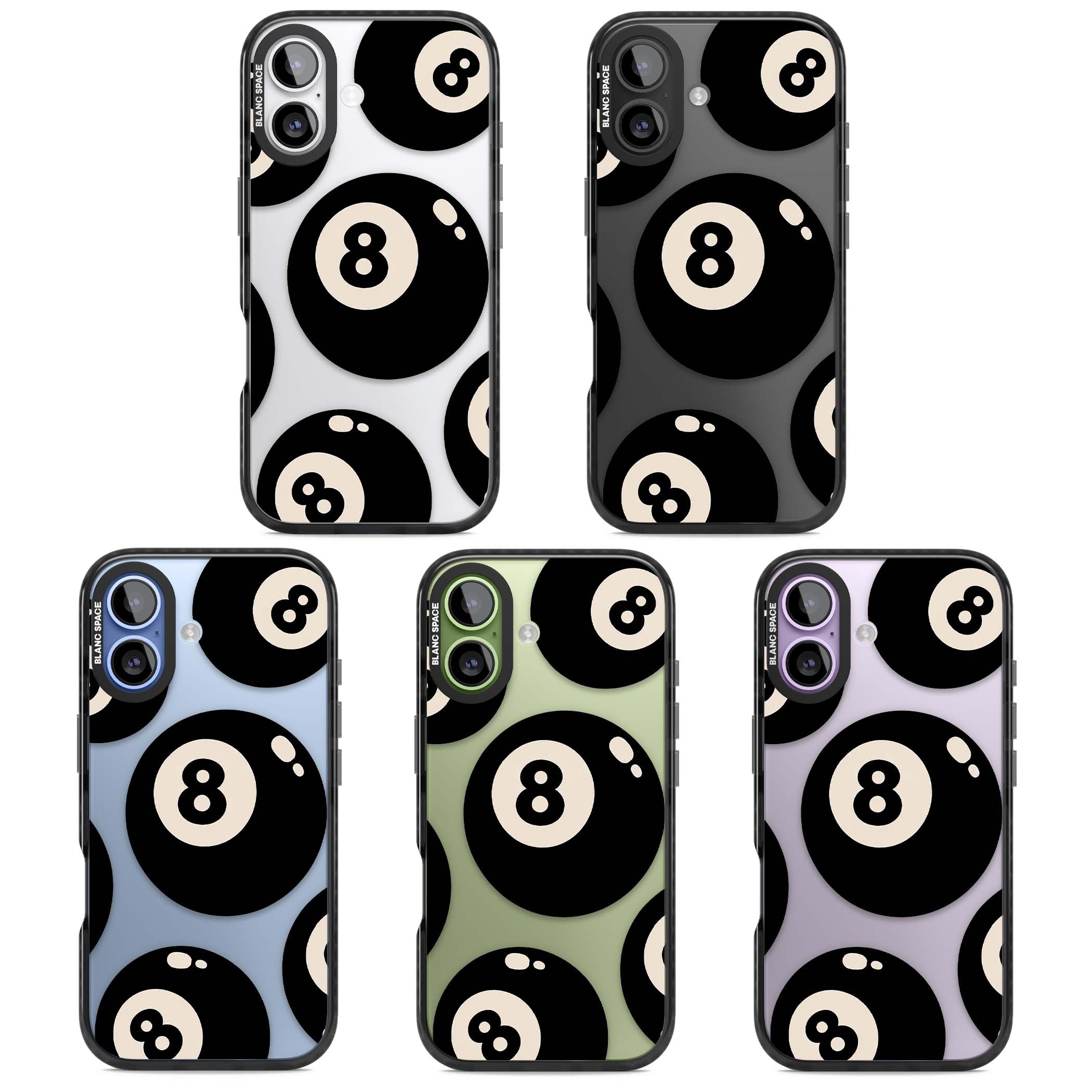 Eights y2k iPhone case featuring scattered black 8 balls with cream highlights on a clear background | Clear Impact case for iPhone 17