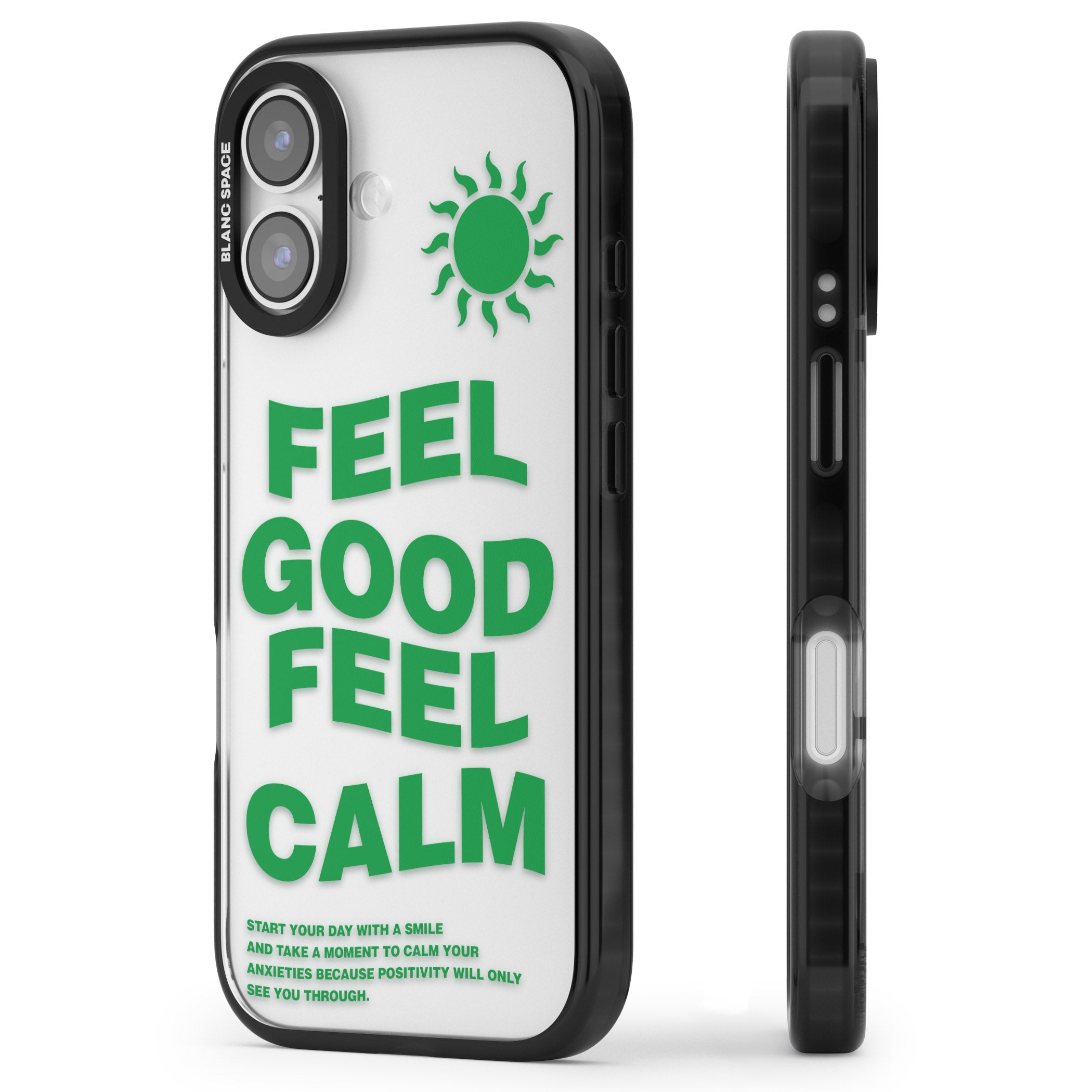 Feel Good Feel Calm (Green) iPhone 17 Impact Black Phone Case Side Profile