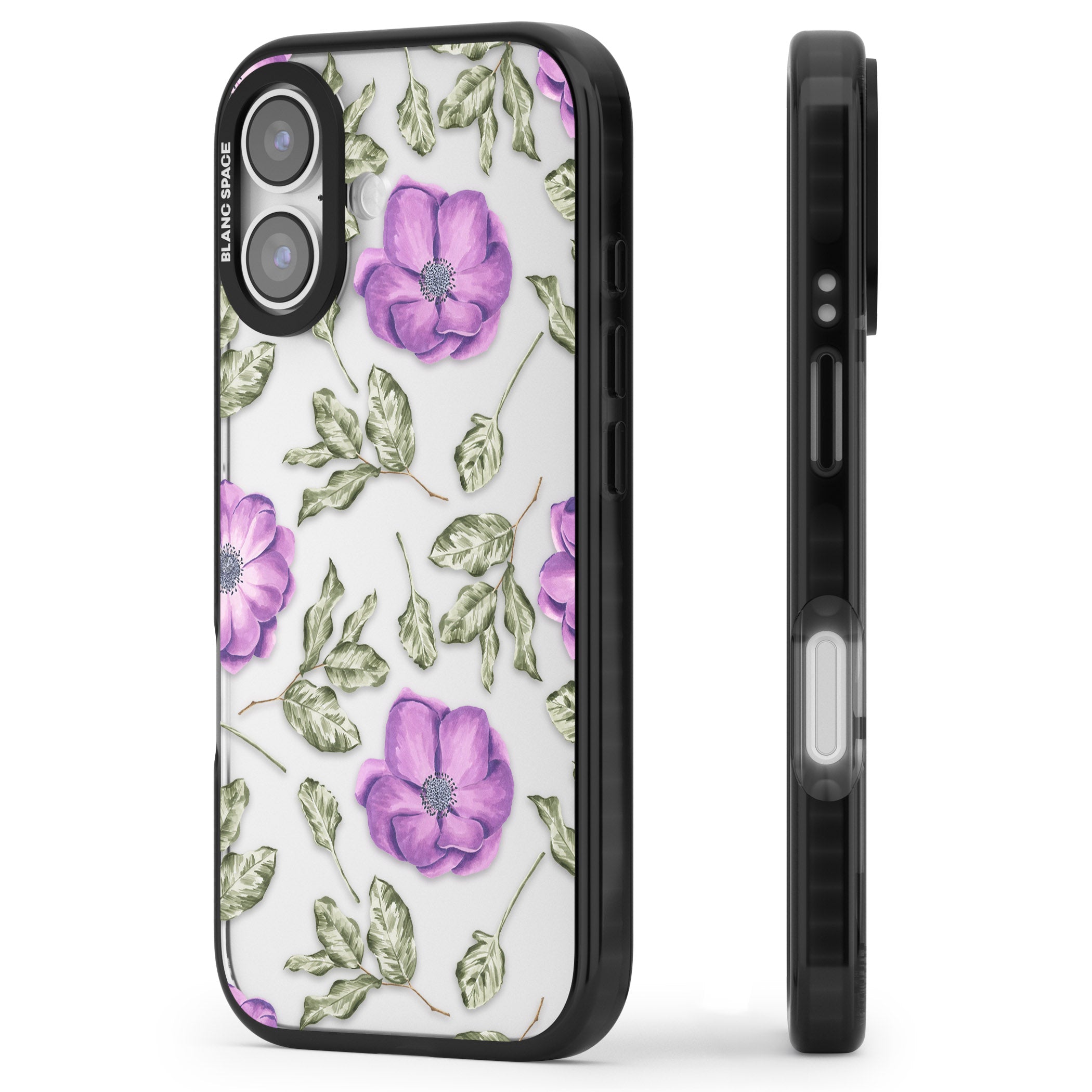 Purple Bloom Floral iPhone 17 Impact Black Phone Case Side Profile