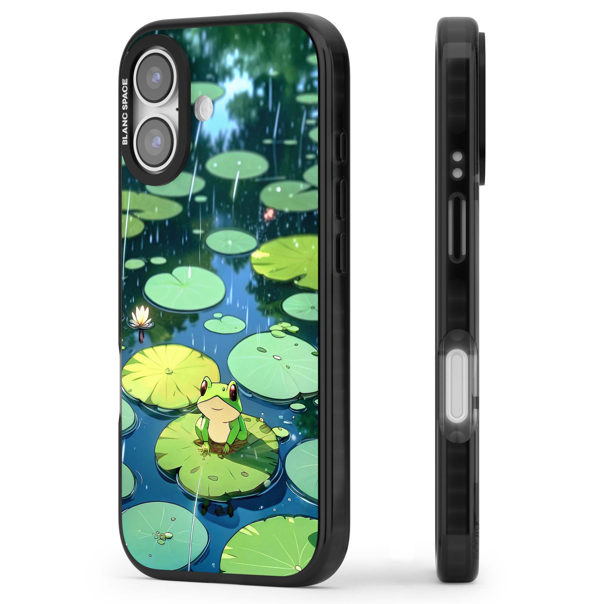 Frog In Lily Pond cottagecore iPhone case featuring a cute green frog on a lily pad with falling rain and a lotus flower | Clear Impact case for iPhone 17