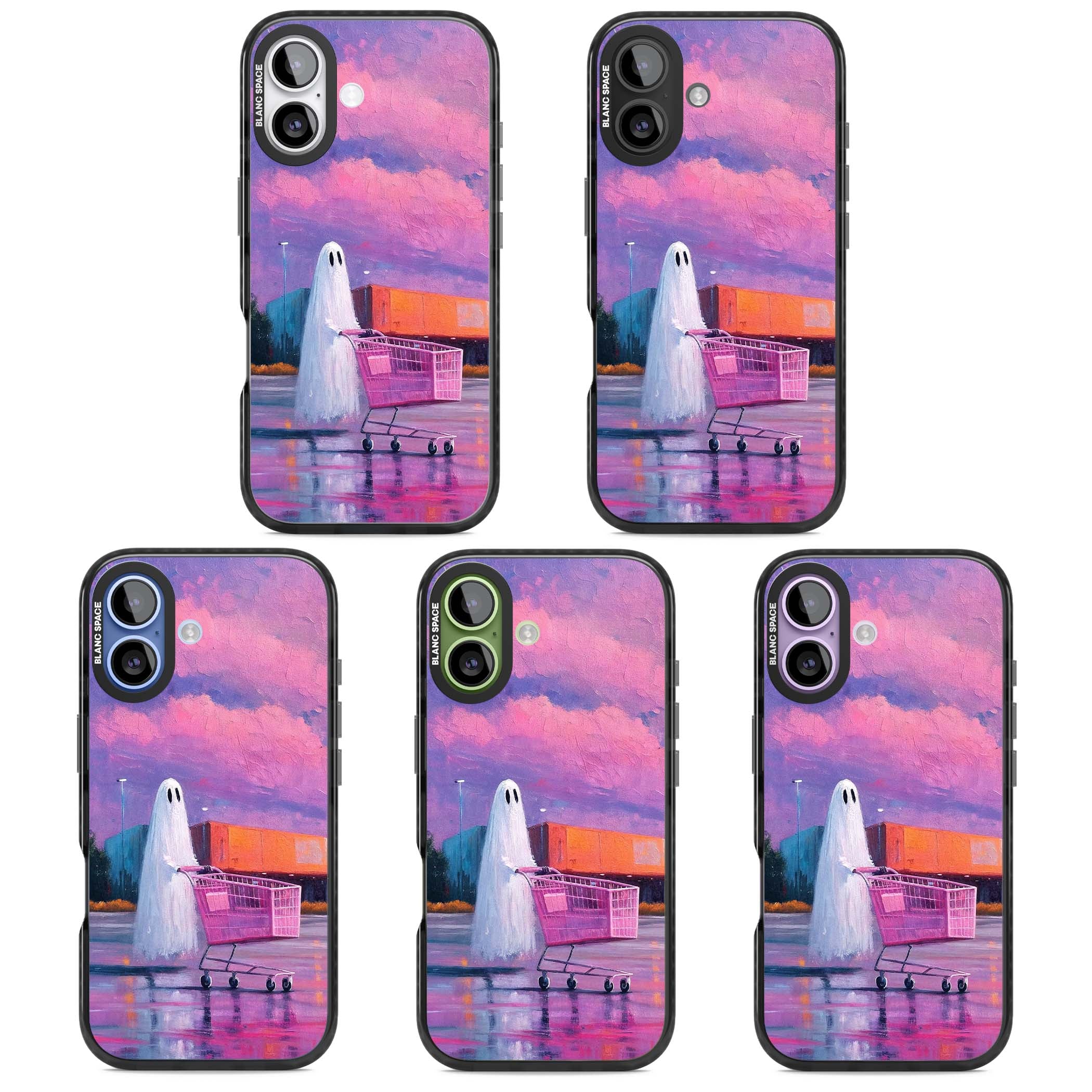A Ghost's Errand ghost halloween iPhone case featuring a painted ghost, pink shopping trolley and purple sunset sky | Clear Impact case for iPhone 17