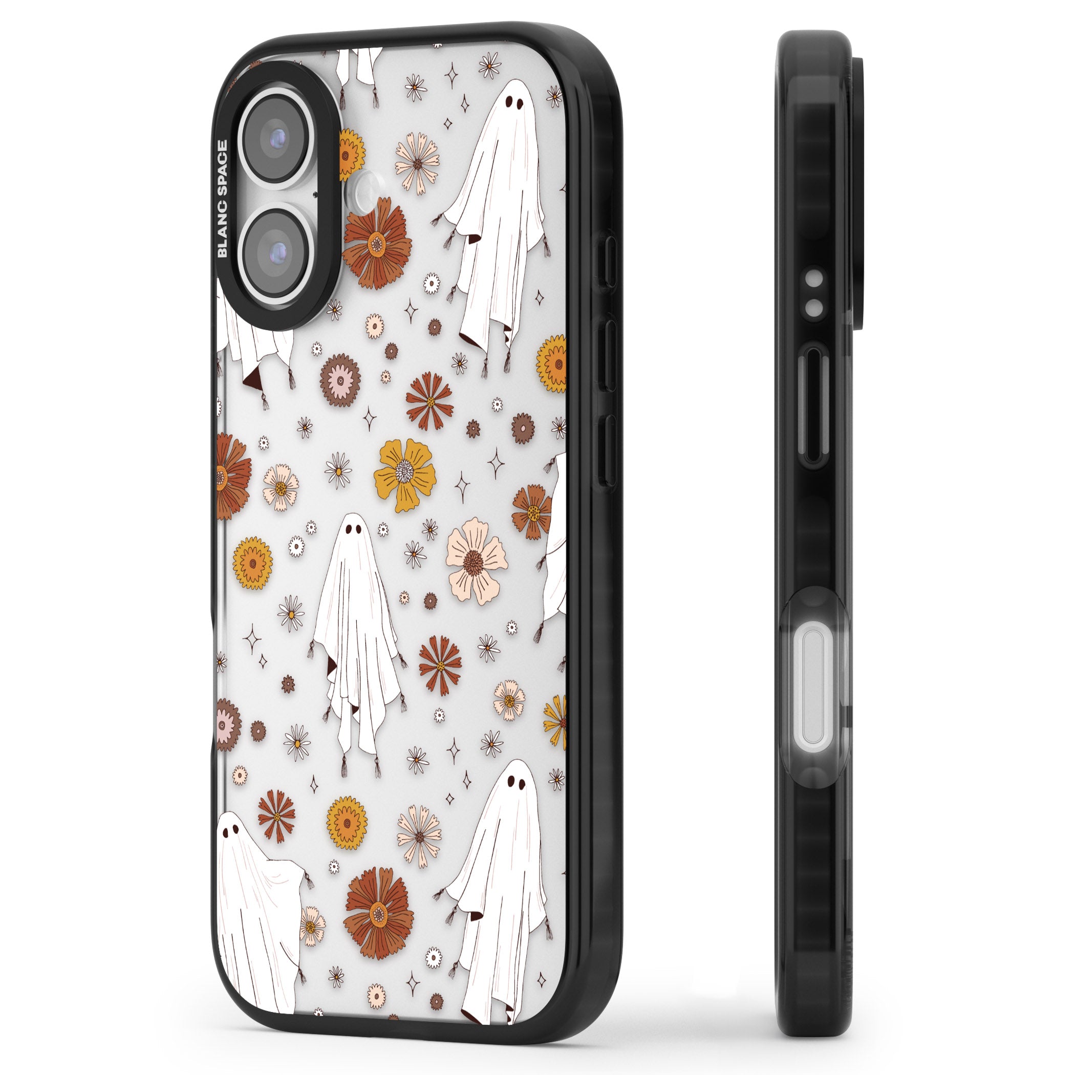 Halloween Ghosts And Flowers iPhone 17 Impact Black Phone Case Side Profile