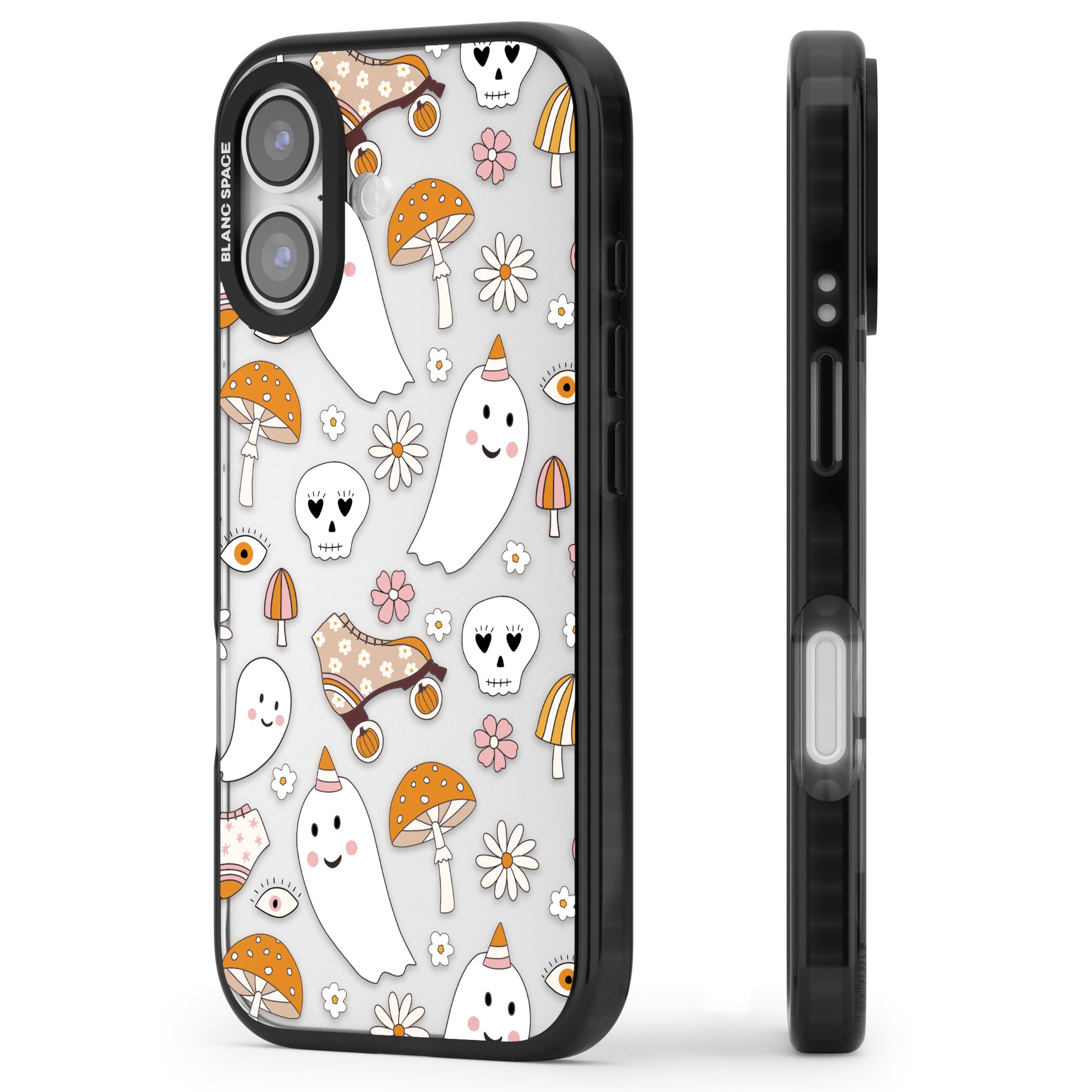 Cute Ghost And Skulls Pattern iPhone 17 Impact Black Phone Case Side Profile