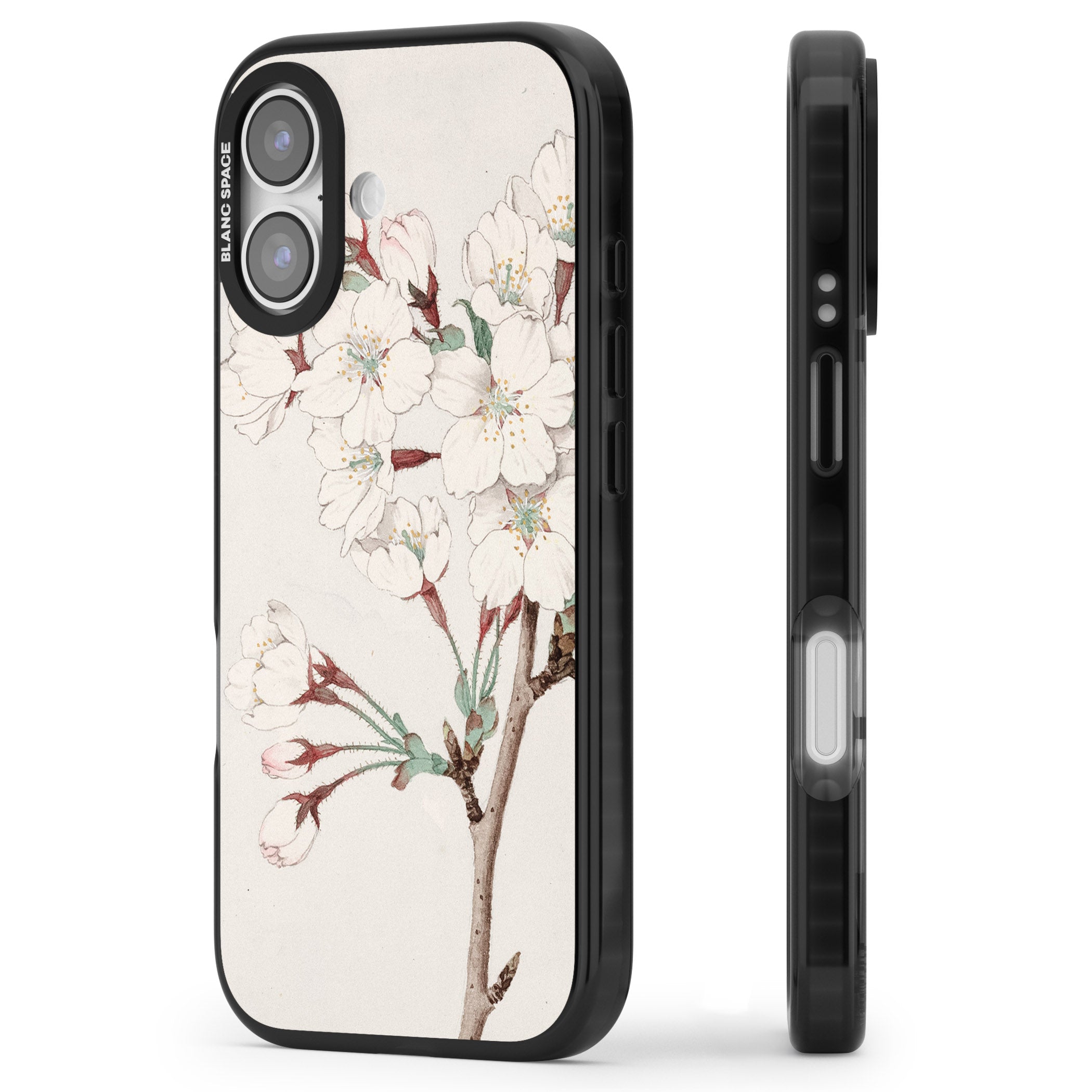 Vintage Japanese Illustrations Cherry Blossoms iPhone 17 Impact Black Phone Case Side Profile