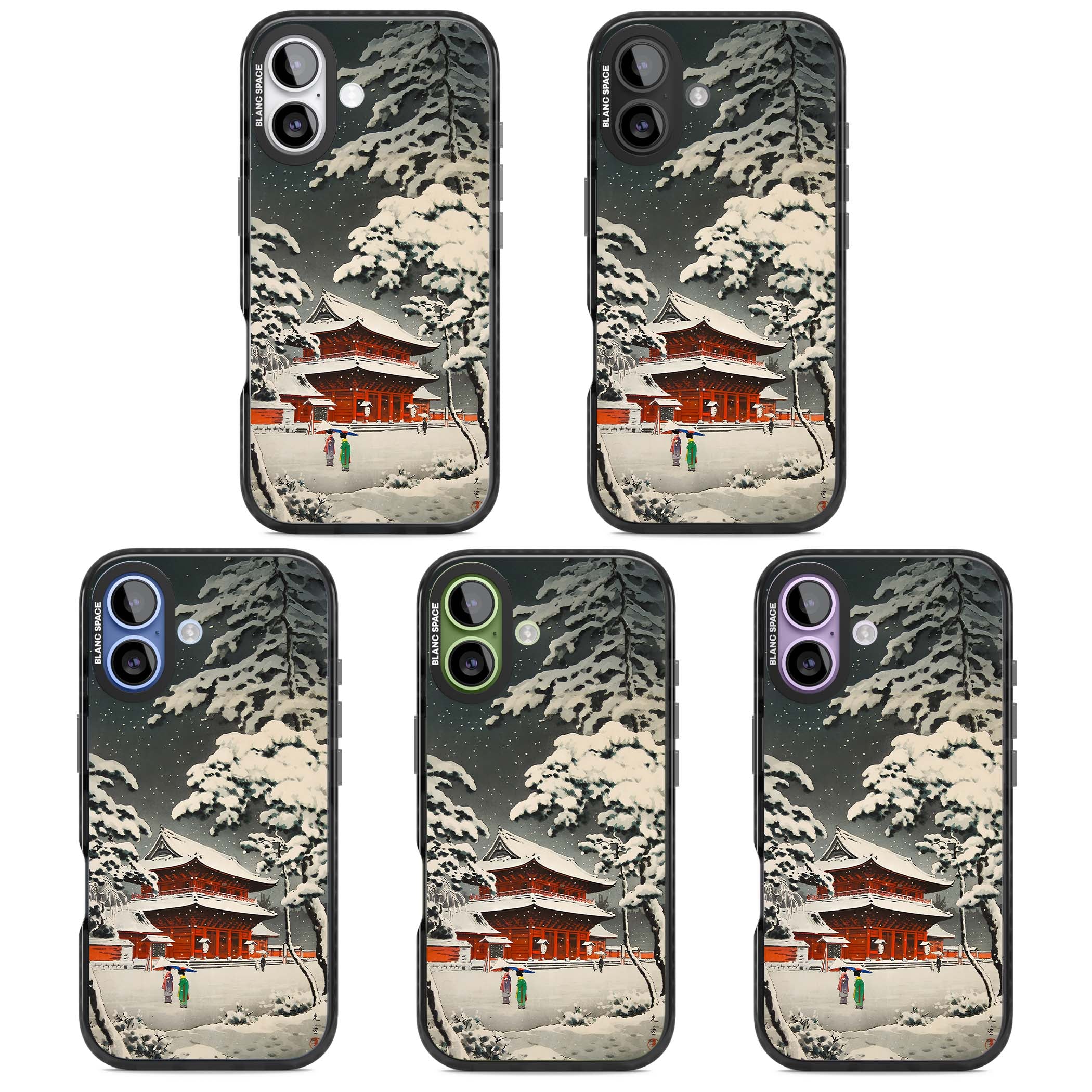 Snow at Shiha Park, Tokyo Japanese art iPhone case featuring a vintage ukiyo-e snowy temple, red pagoda, and snow-covered pin | Clear Impact case for iPhone 17