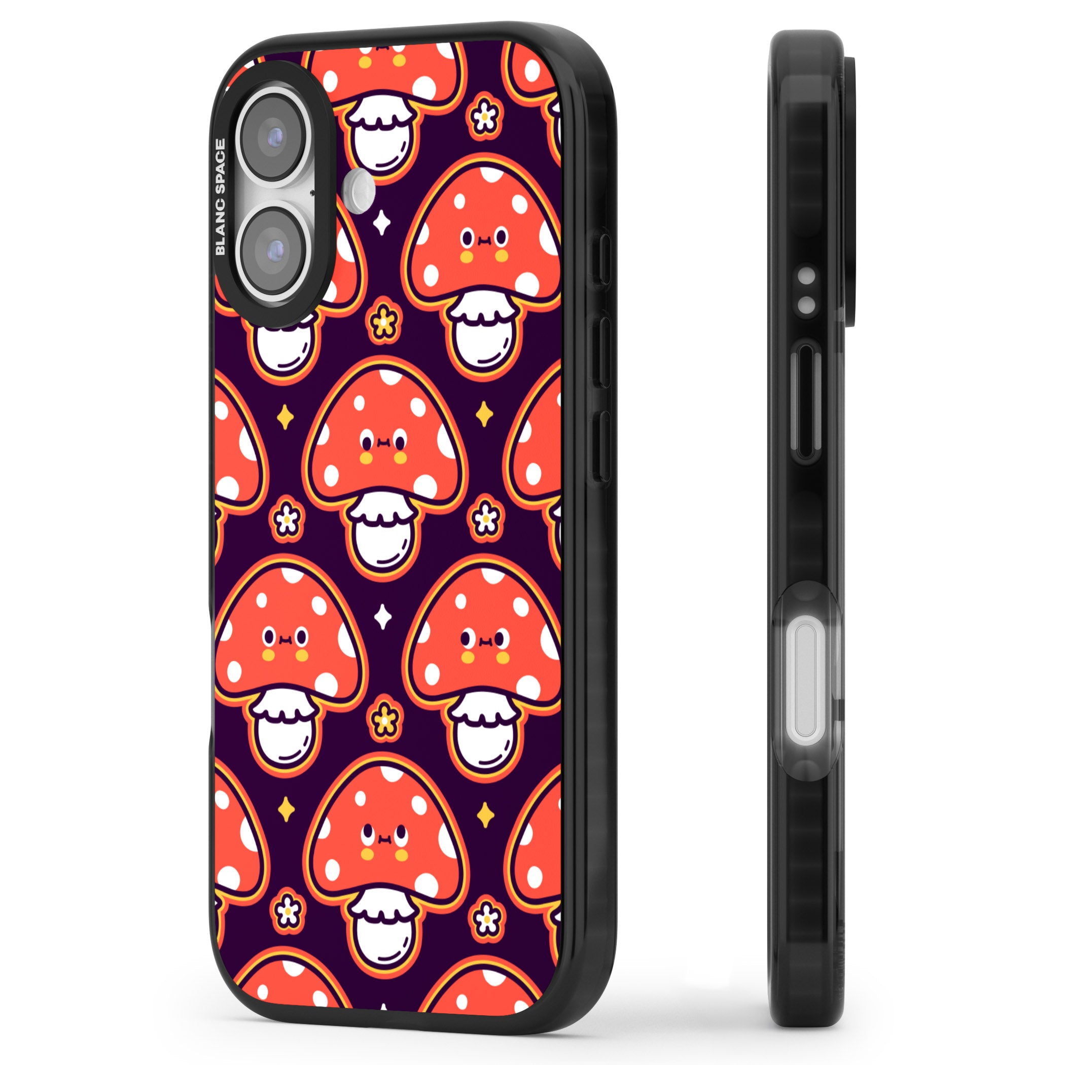 Mushroom Kawaii Pattern iPhone 17 Impact Black Phone Case Side Profile