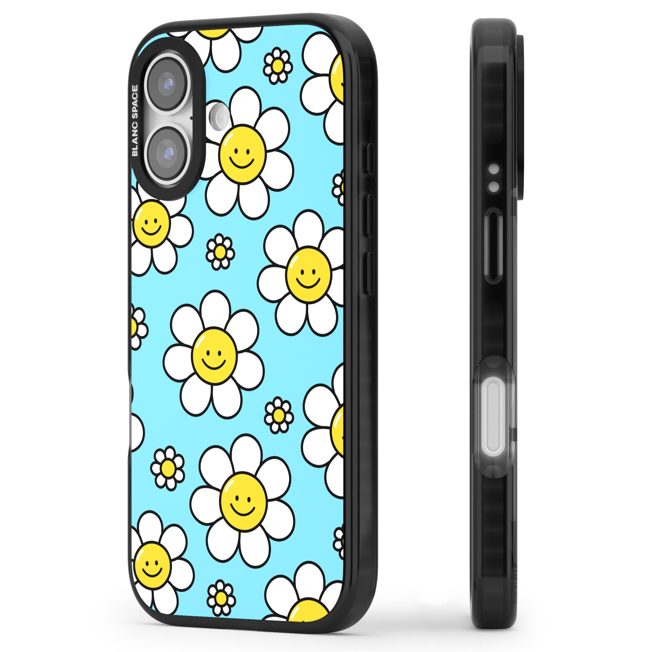 Daisy Faces Kawaii Pattern iPhone 17 Impact Black Phone Case Side Profile