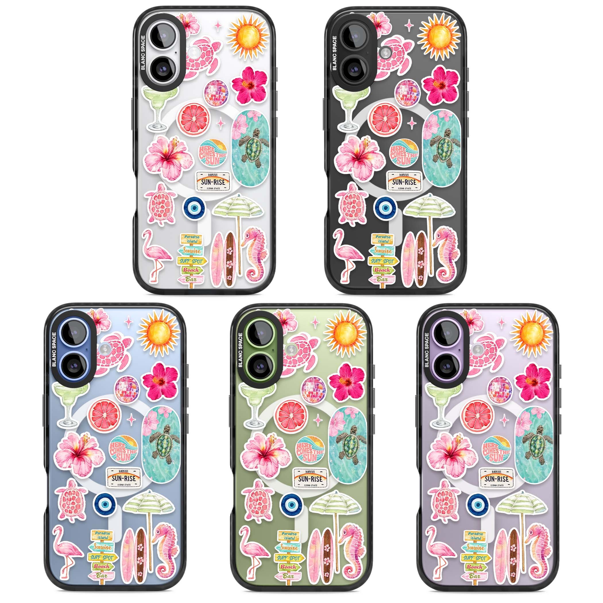 Aloha Sticker Mix tropical summer iPhone case featuring pink hibiscus, sea turtles, flamingo and beach umbrella stickers | Black Impact Magsafe case for iPhone 17