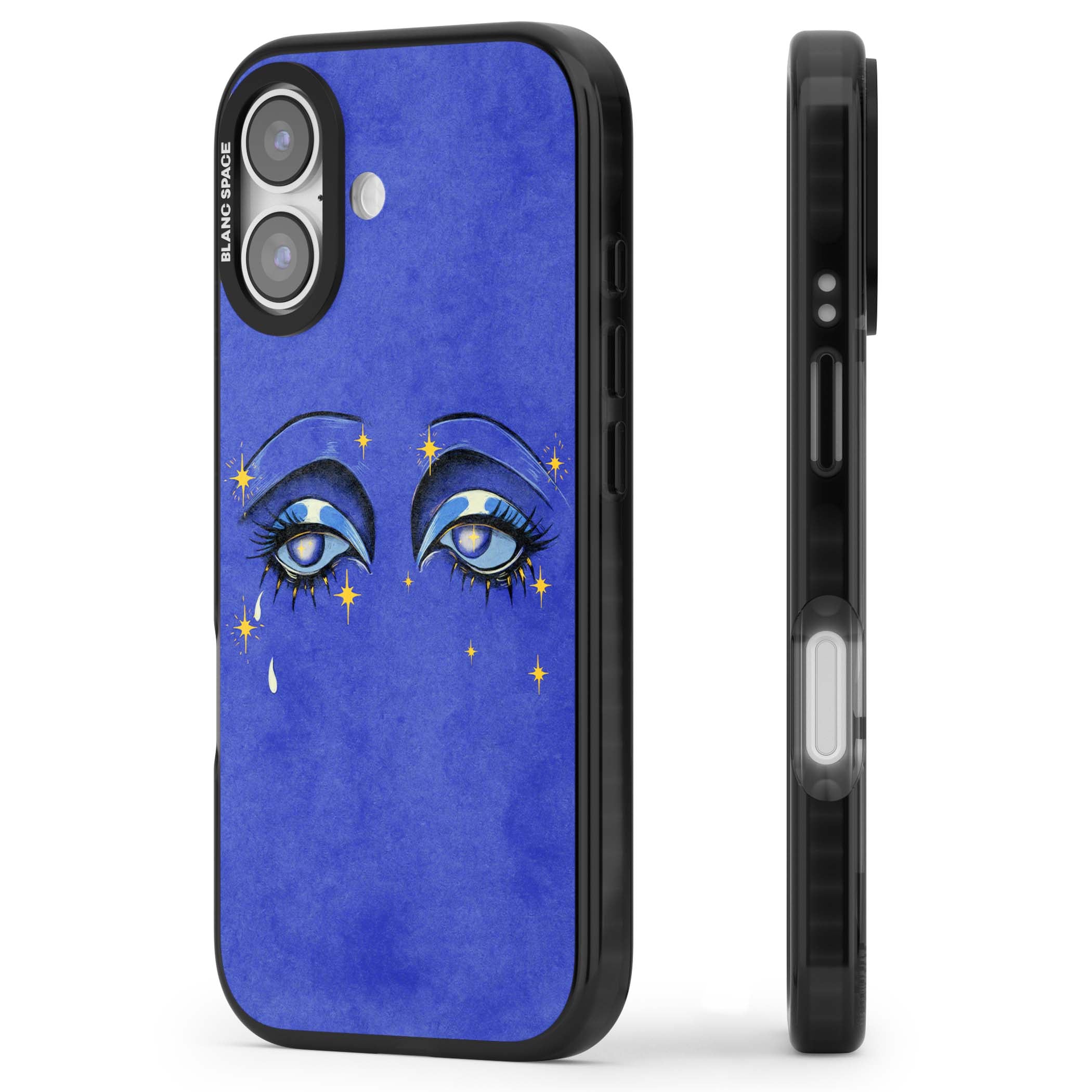 Blue Mystic Eyes celestial iPhone case featuring hand drawn blue mystical eyes, golden stars and a painted tear on indigo | Black Impact Magsafe case for iPhone 17