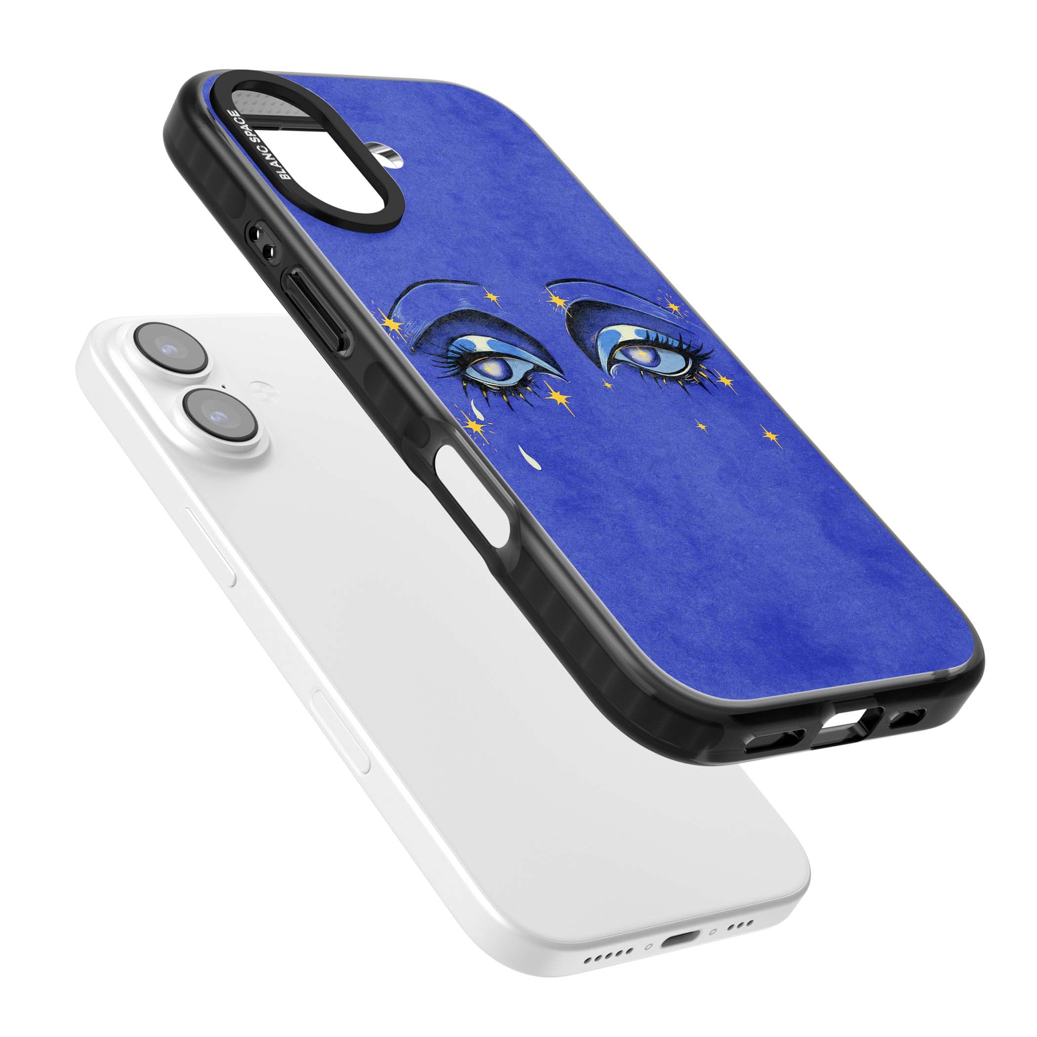 Blue Mystic Eyes celestial iPhone case featuring hand drawn blue mystical eyes, golden stars and a painted tear on indigo | Black Impact Magsafe case for iPhone 17