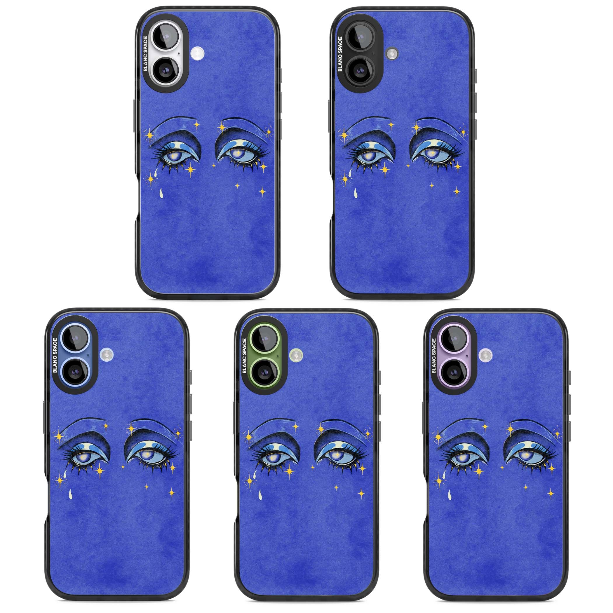 Blue Mystic Eyes celestial iPhone case featuring hand drawn blue mystical eyes, golden stars and a painted tear on indigo | Black Impact Magsafe case for iPhone 17