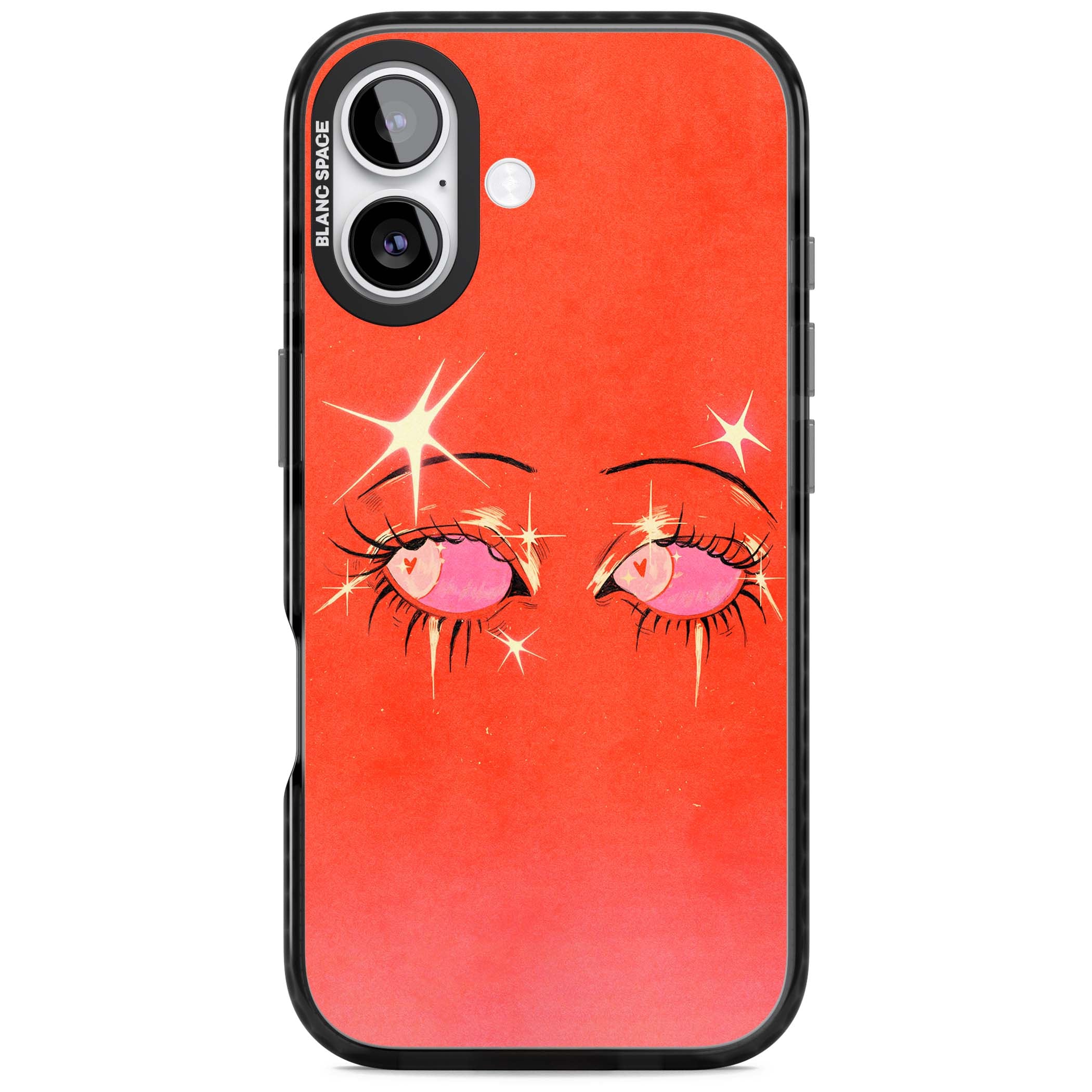 Pink Ethereal Eyes anime iPhone case featuring hand-drawn sparkly eyes with pink hearts and gold stars on red | Black Impact Magsafe case for iPhone 17