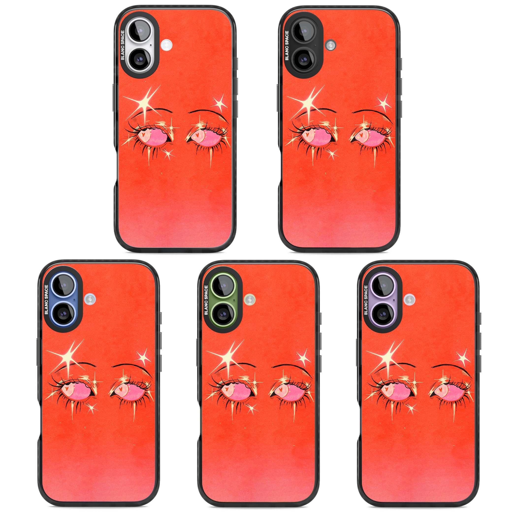 Pink Ethereal Eyes anime iPhone case featuring hand-drawn sparkly eyes with pink hearts and gold stars on red | Black Impact Magsafe case for iPhone 17