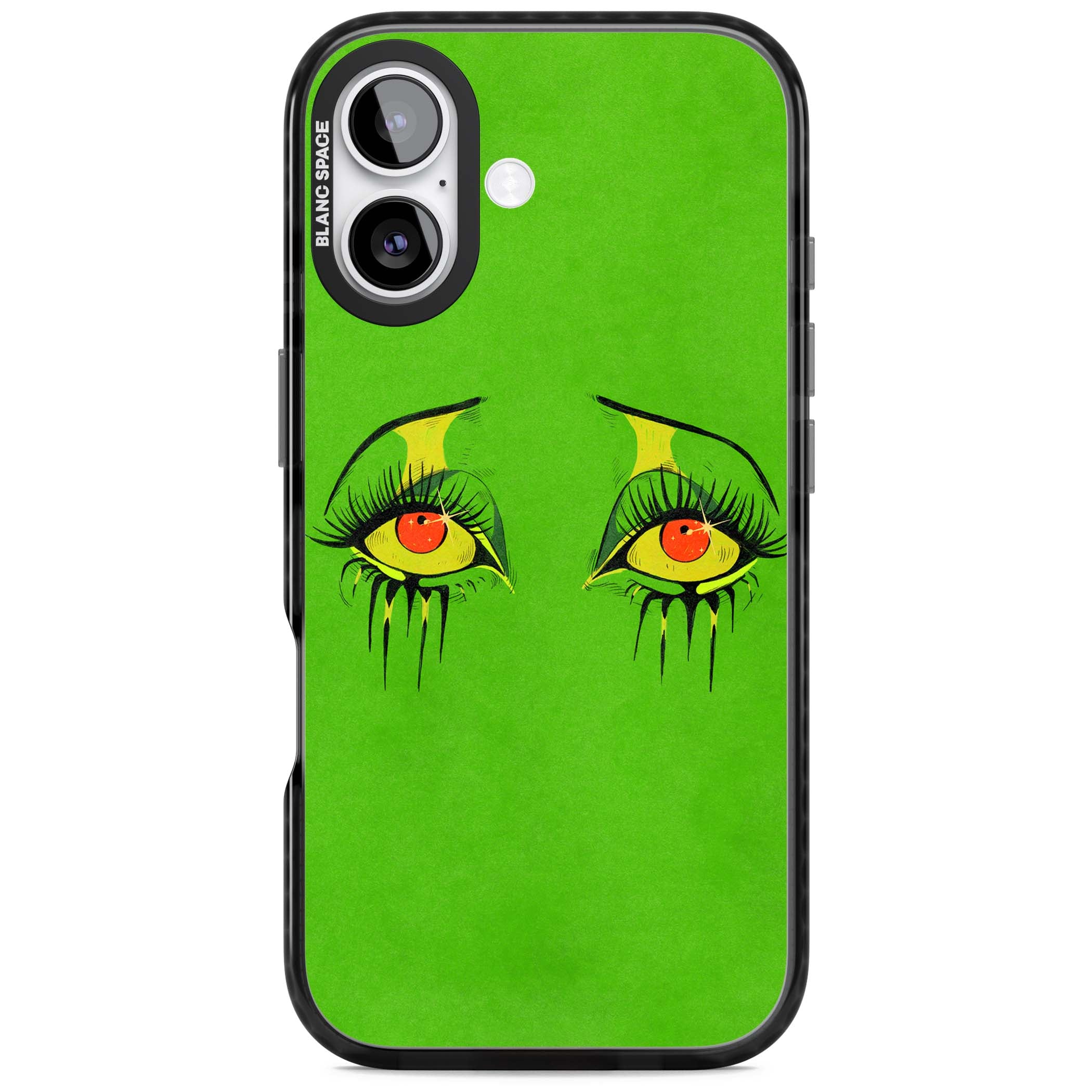 Green Enchanted Eyes psychedelic art iPhone case featuring hand-drawn dripping eyes on neon green background | Black Impact Magsafe case for iPhone 17
