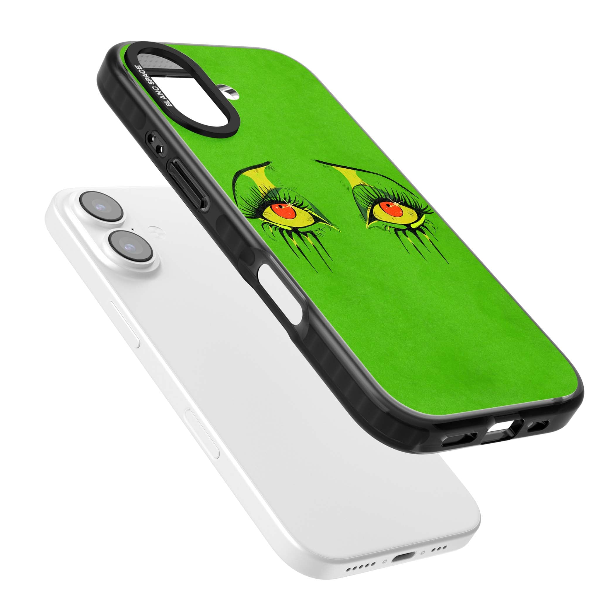 Green Enchanted Eyes psychedelic art iPhone case featuring hand-drawn dripping eyes on neon green background | Black Impact Magsafe case for iPhone 17