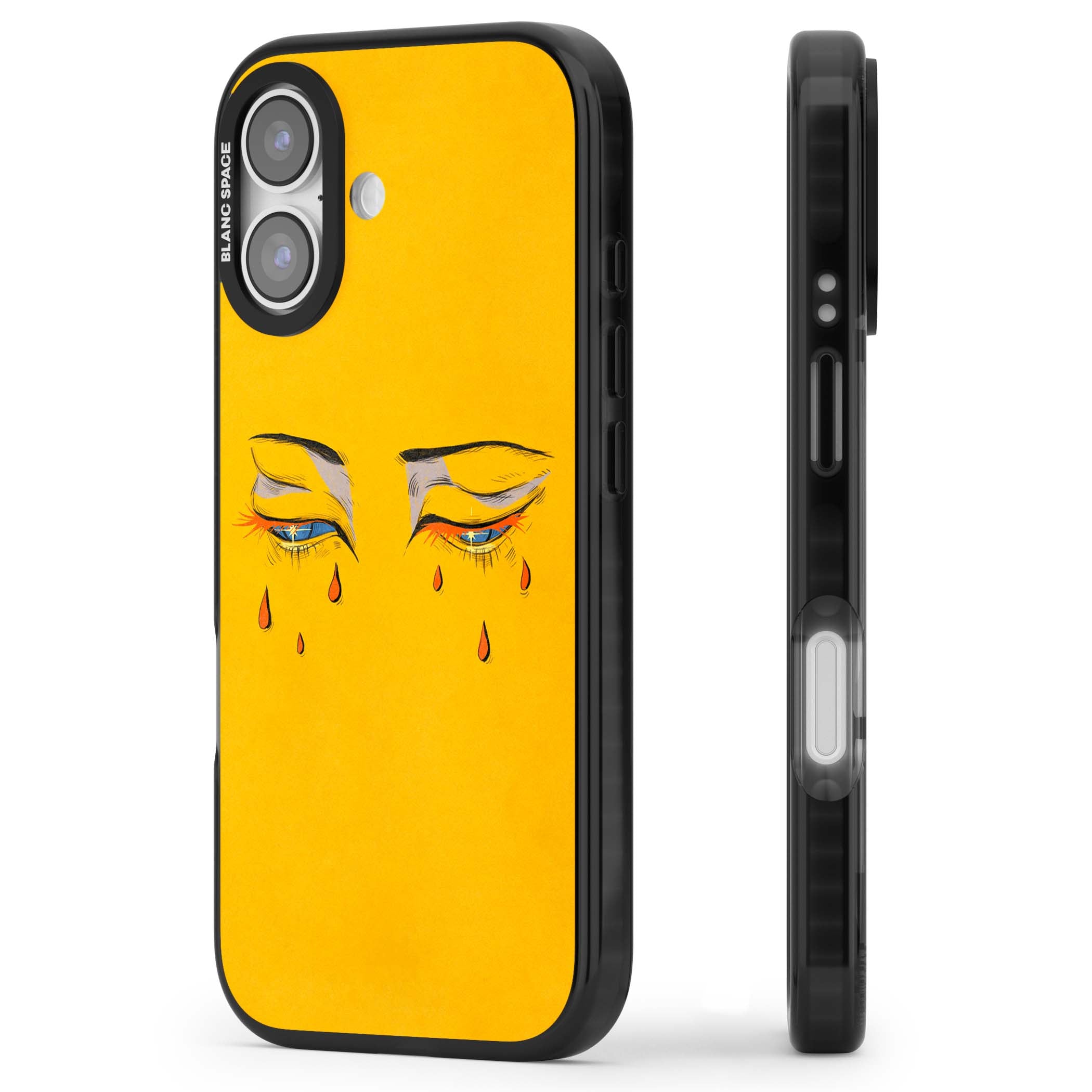 Yellow Tearful Eyes indie iPhone case featuring hand-drawn crying eyes with orange tears on a yellow background | Black Impact Magsafe case for iPhone 17