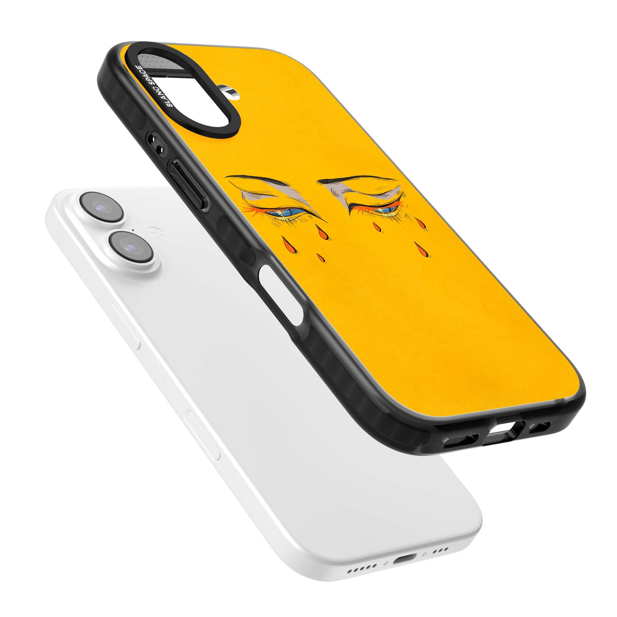 Yellow Tearful Eyes indie iPhone case featuring hand-drawn crying eyes with orange tears on a yellow background | Black Impact Magsafe case for iPhone 17
