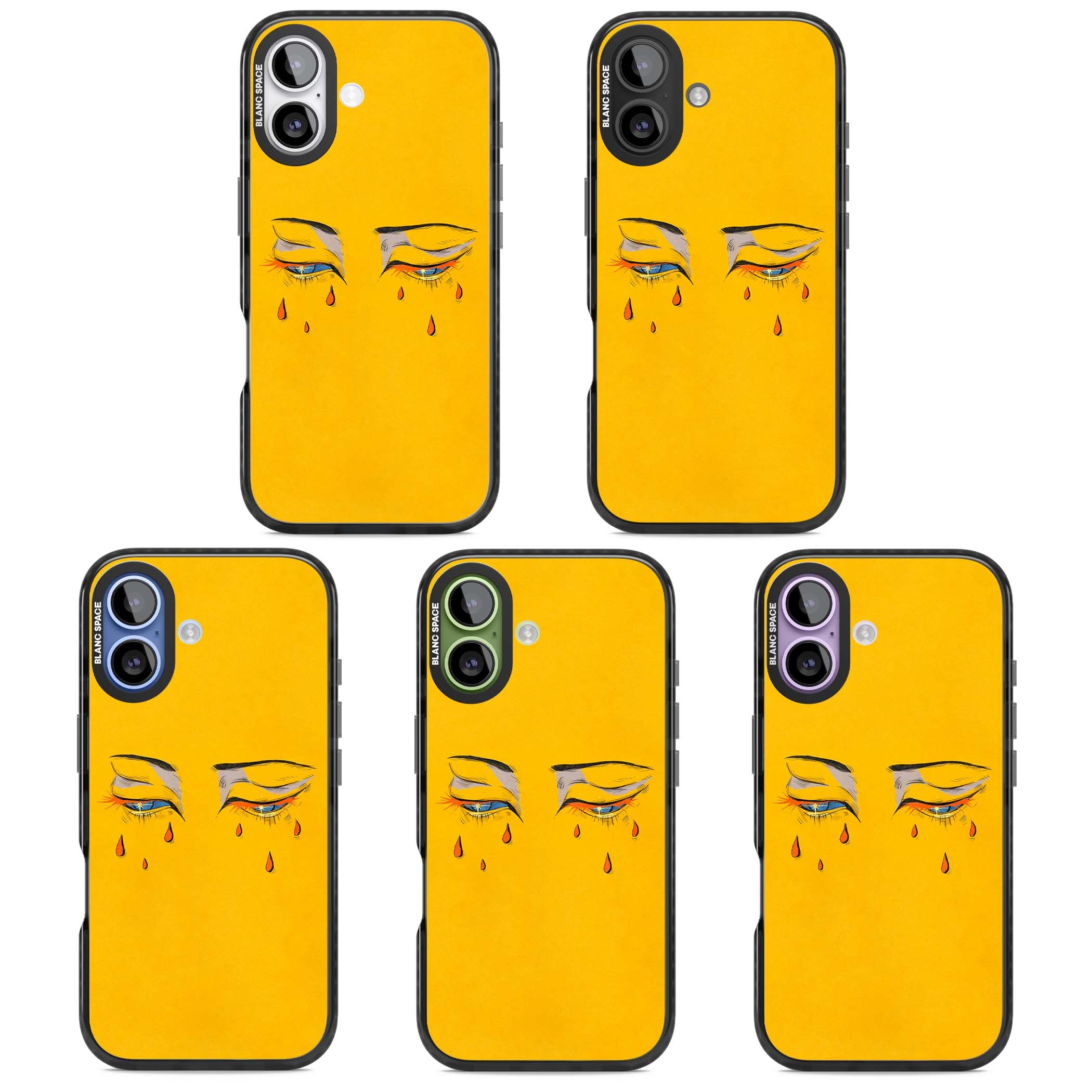 Yellow Tearful Eyes indie iPhone case featuring hand-drawn crying eyes with orange tears on a yellow background | Black Impact Magsafe case for iPhone 17