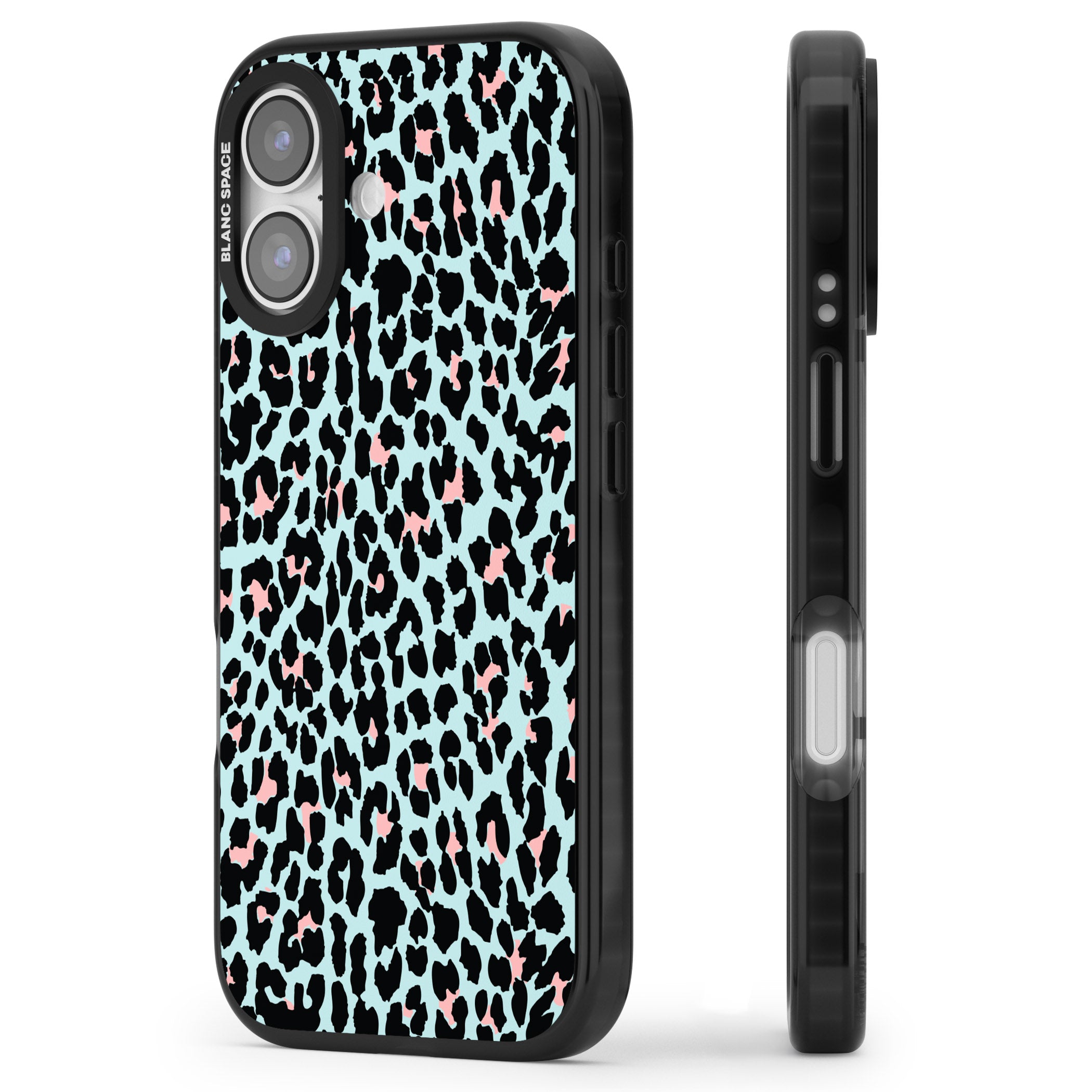 Pastel Blue & Pink Leopard Print iPhone 17 Impact Pro Black Phone Case Side Profile