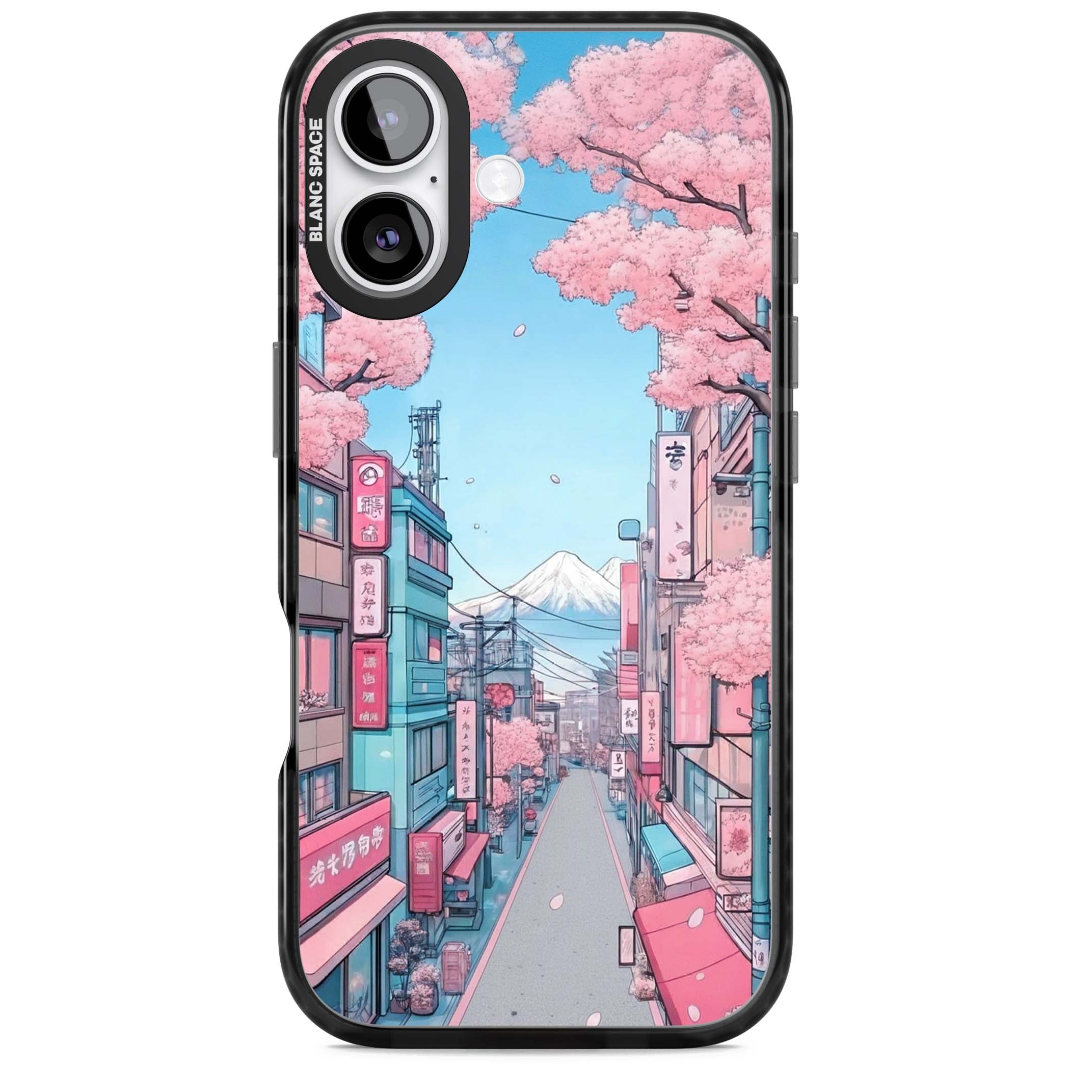 Sakura Lane anime iPhone case featuring Tokyo street scene with cherry blossoms and Mount Fuji | Black Impact Magsafe case for iPhone 17