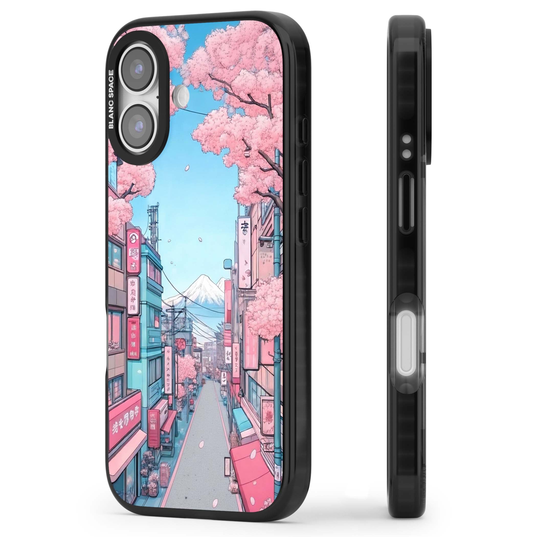 Sakura Lane anime iPhone case featuring Tokyo street scene with cherry blossoms and Mount Fuji | Black Impact Magsafe case for iPhone 17