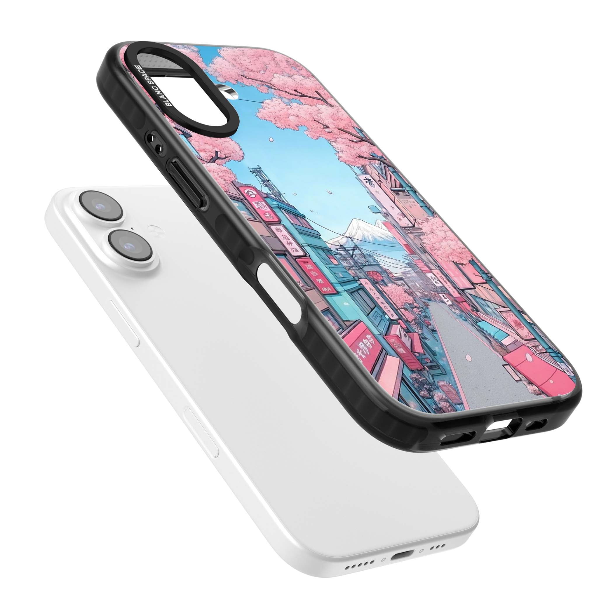 Sakura Lane anime iPhone case featuring Tokyo street scene with cherry blossoms and Mount Fuji | Black Impact Magsafe case for iPhone 17