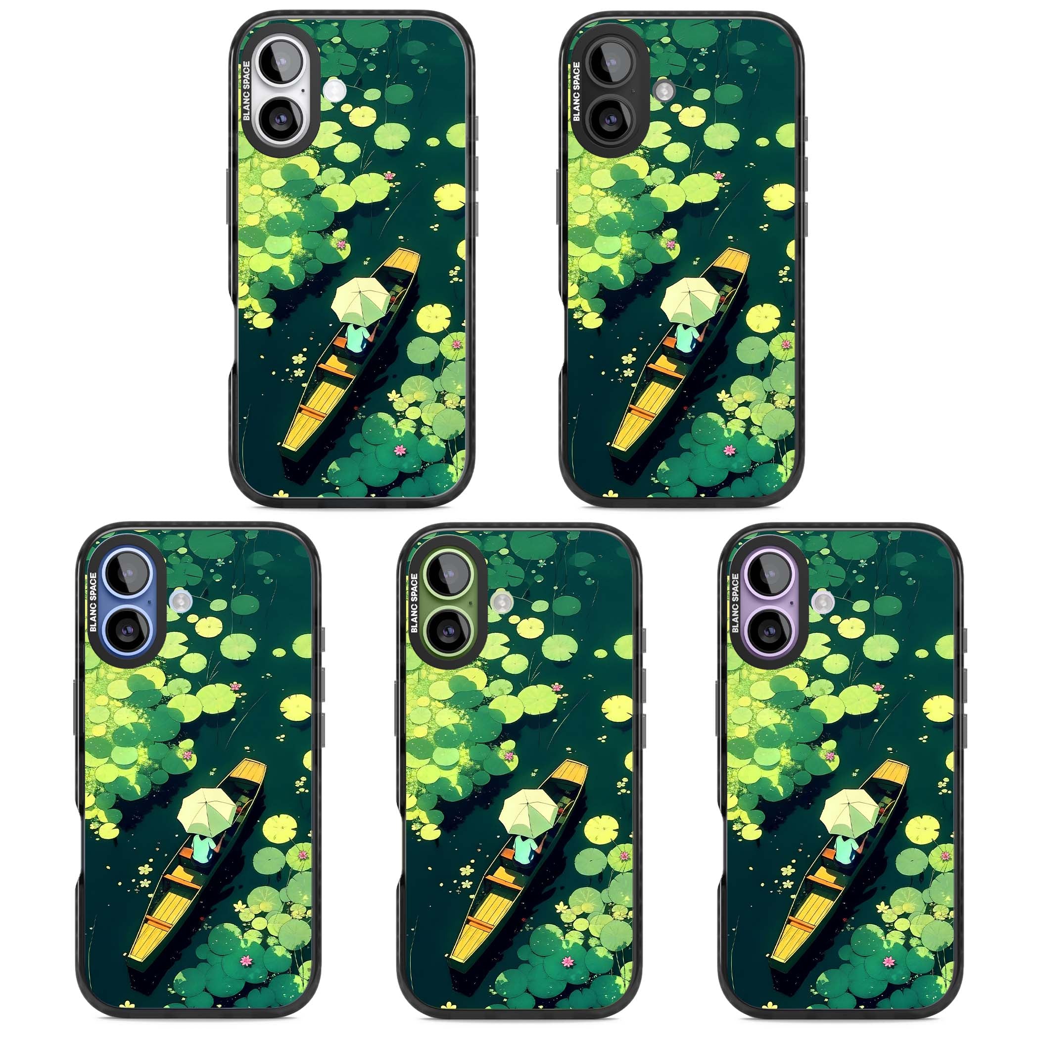 Jade Waters cottagecore iPhone case featuring a painted lily pond, wooden boat with parasol and floating water lilies | Black Impact Magsafe case for iPhone 17