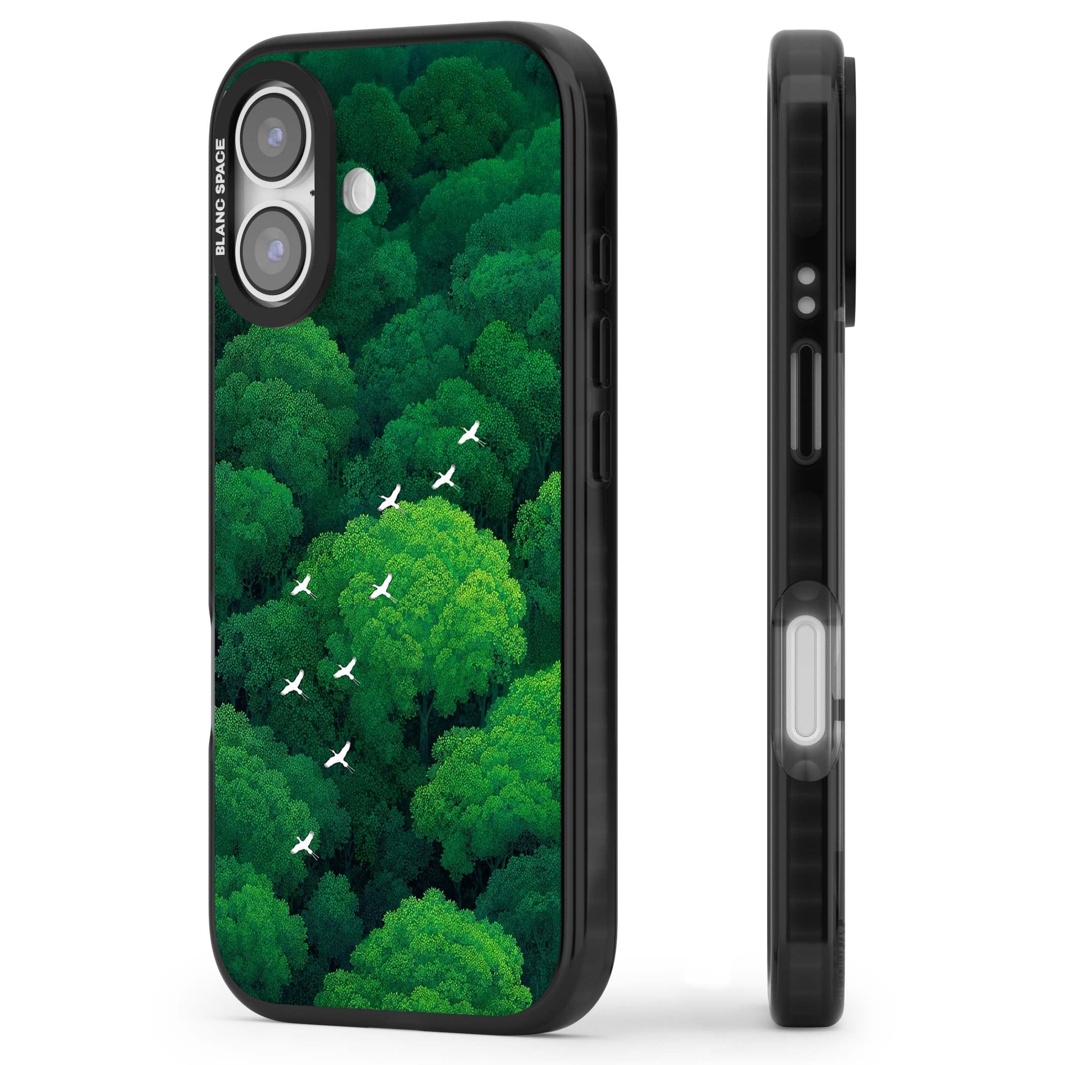 Grove Migration forest iPhone case featuring white cranes flying over lush green treetop canopy | Black Impact Magsafe case for iPhone 17
