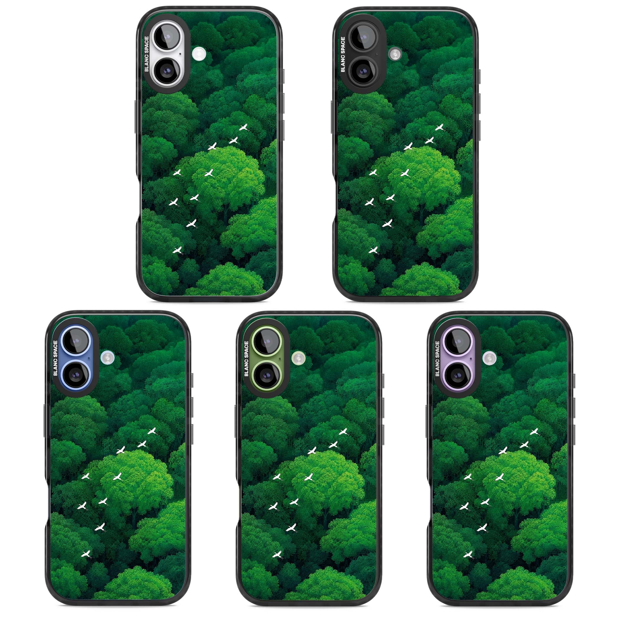 Grove Migration forest iPhone case featuring white cranes flying over lush green treetop canopy | Black Impact Magsafe case for iPhone 17