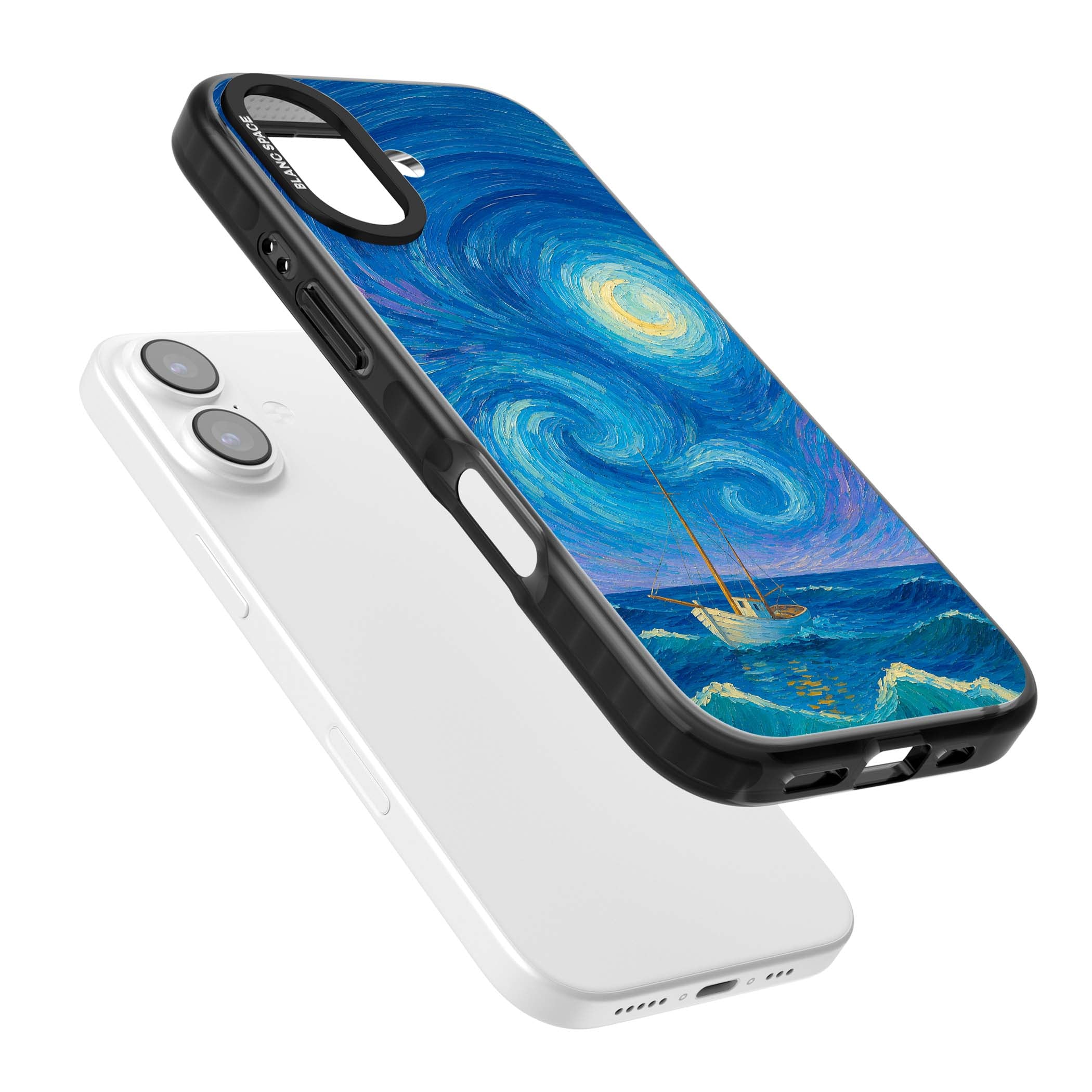 Moonlit Tide Van Gogh art iPhone case featuring swirling starry night sky, glowing moon and lone sailing boat at sea | Black Impact Magsafe case for iPhone 17