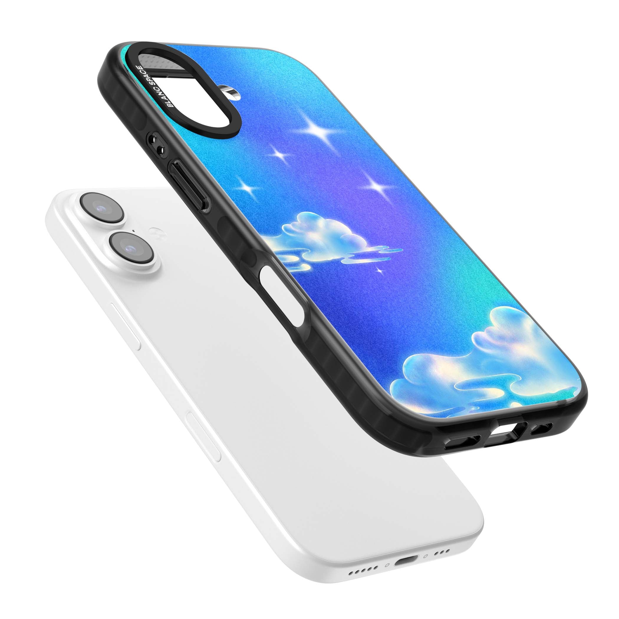 Aurora celestial iPhone case featuring dreamy iridescent clouds, sparkling stars and pastel blue purple sky | Black Impact Magsafe case for iPhone 17