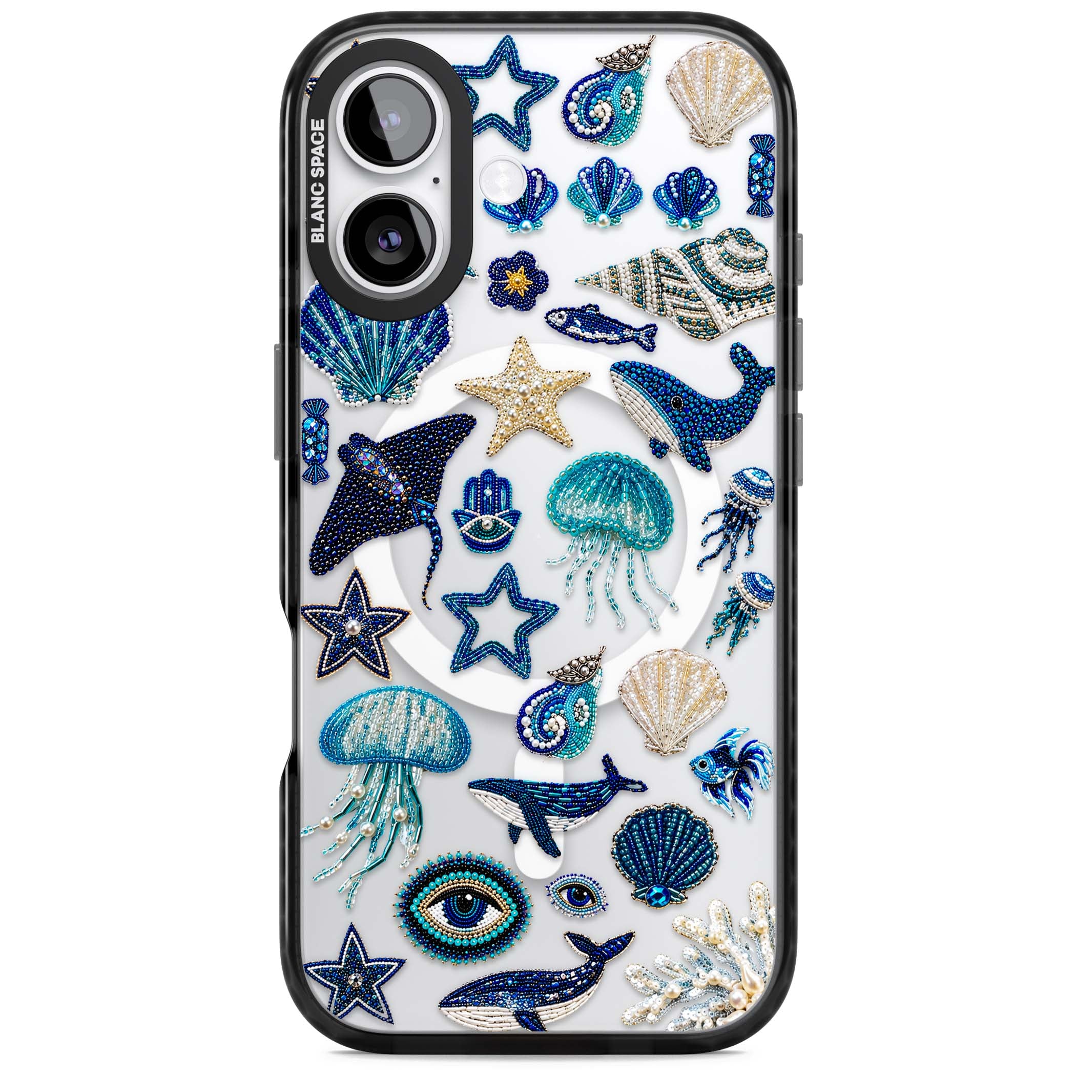 Beaded Coastal coastal iPhone case featuring embroidered seashells, jellyfish and a blue whale on clear | Black Impact Magsafe case for iPhone 17