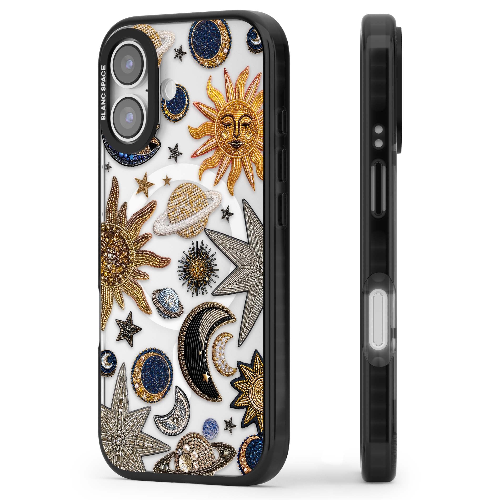 Beaded Cosmos celestial iPhone case featuring embroidered golden suns, beaded planets and silver shooting stars | Black Impact Magsafe case for iPhone 17