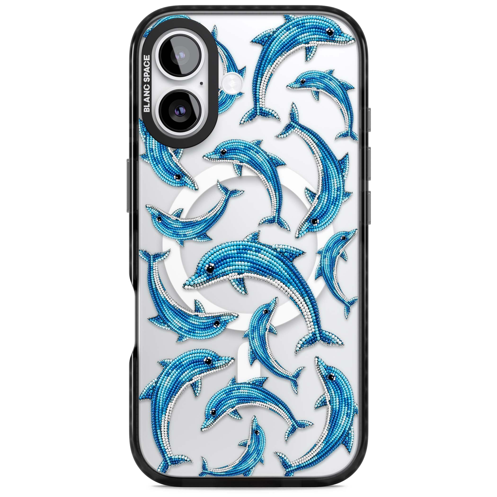 Beaded Dolphins coastal iPhone case featuring beaded dolphins in blue and white swimming across a clear background | Black Impact Magsafe case for iPhone 17