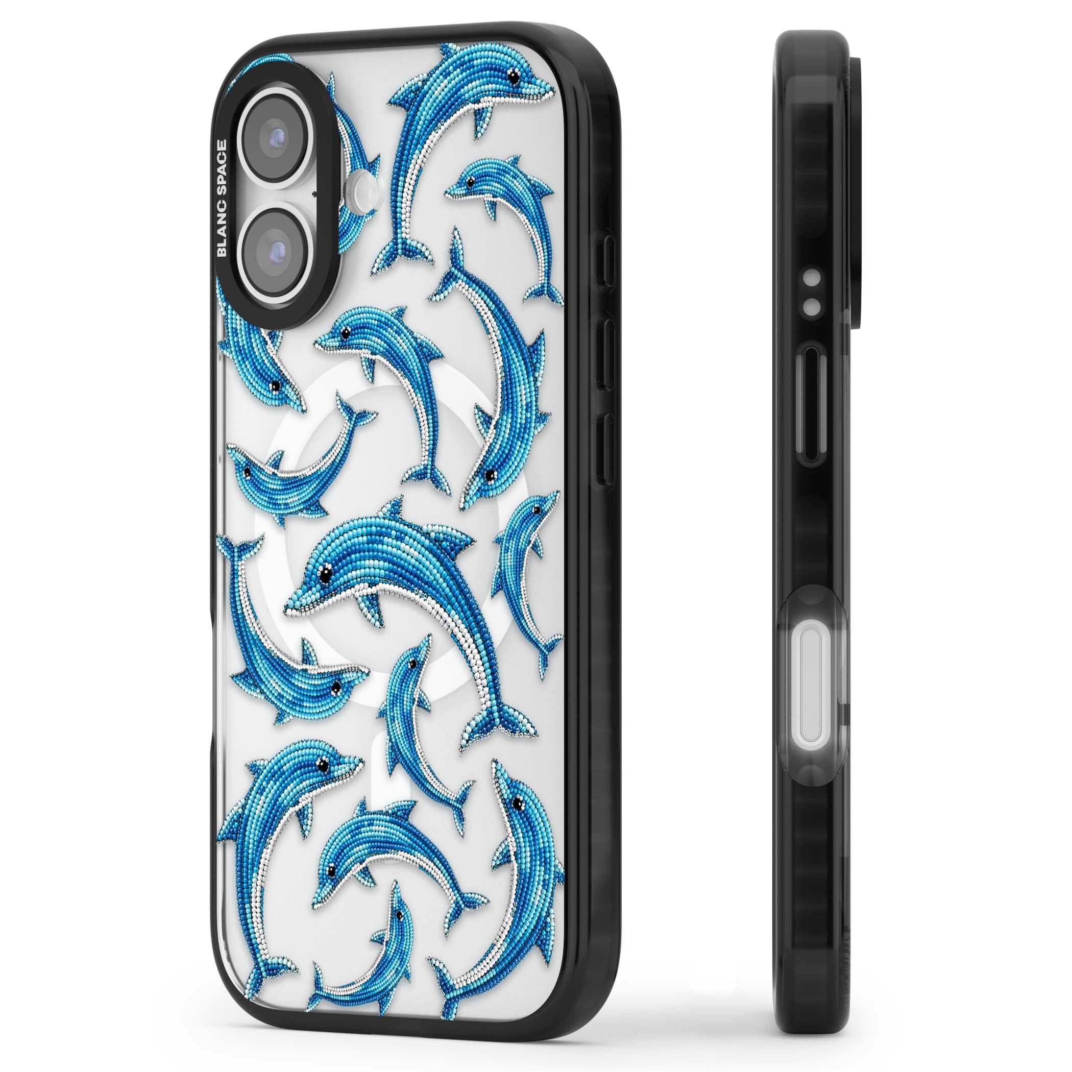 Beaded Dolphins coastal iPhone case featuring beaded dolphins in blue and white swimming across a clear background | Black Impact Magsafe case for iPhone 17
