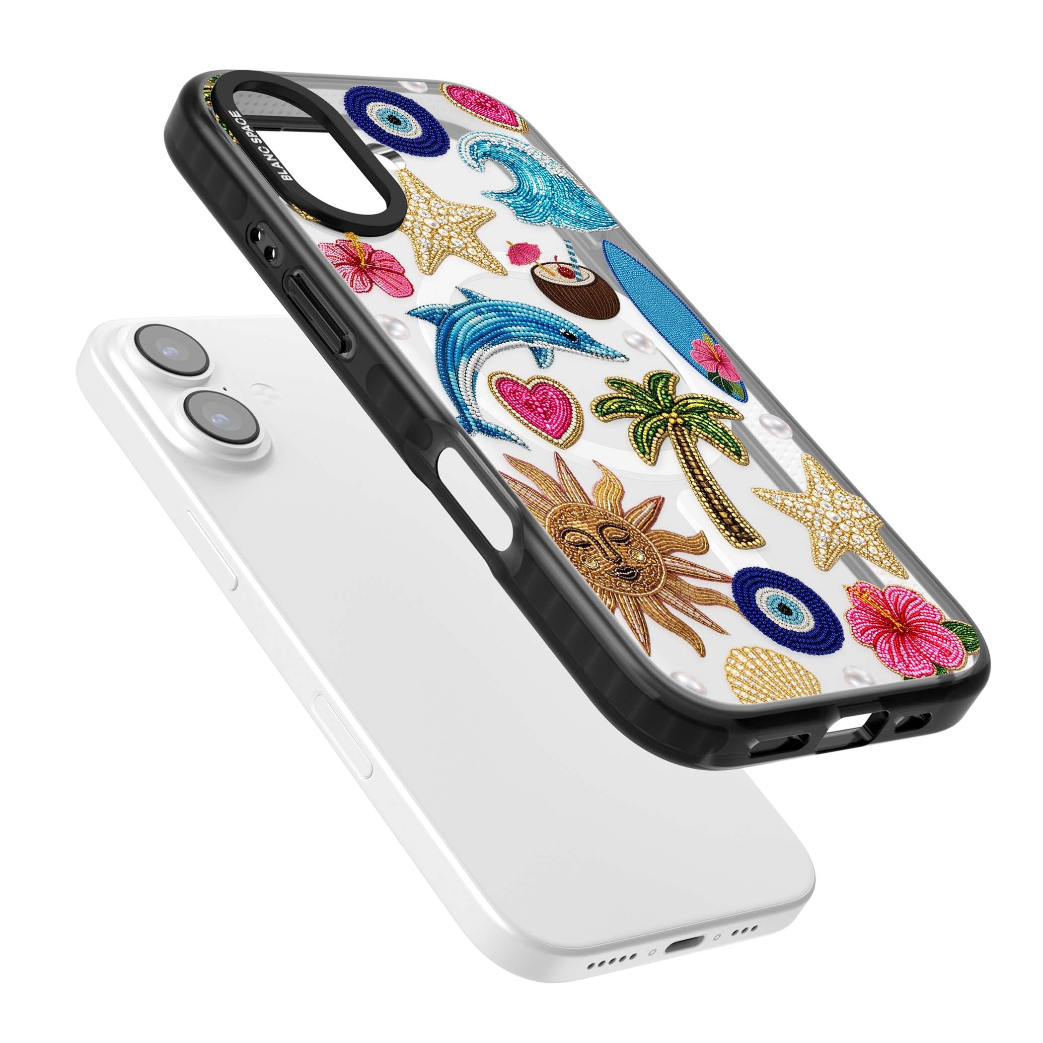 Beaded Beach coastal summer iPhone case featuring embroidered evil eye, hibiscus flowers, dolphin and palm tree patches | Black Impact Magsafe case for iPhone 17