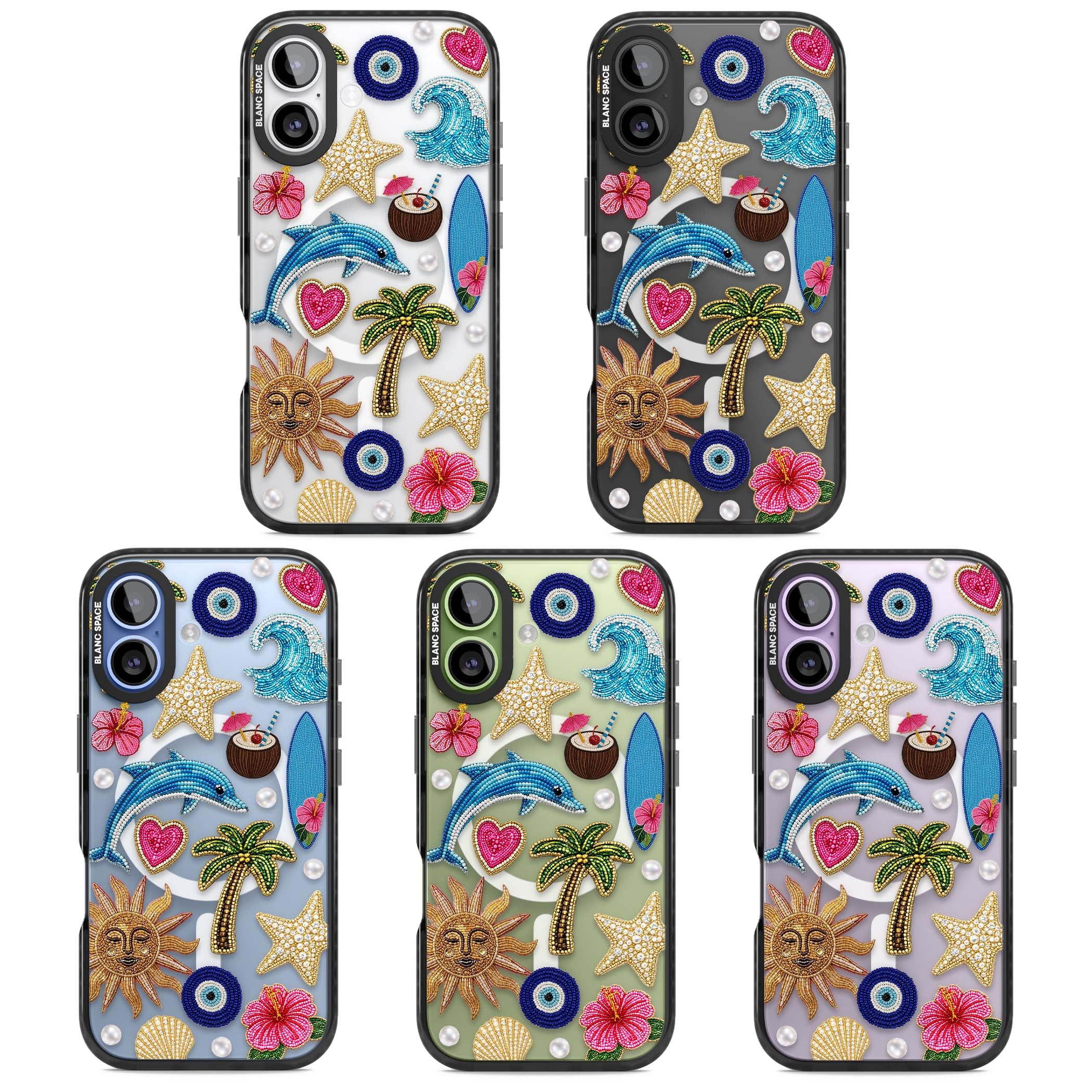 Beaded Beach coastal summer iPhone case featuring embroidered evil eye, hibiscus flowers, dolphin and palm tree patches | Black Impact Magsafe case for iPhone 17