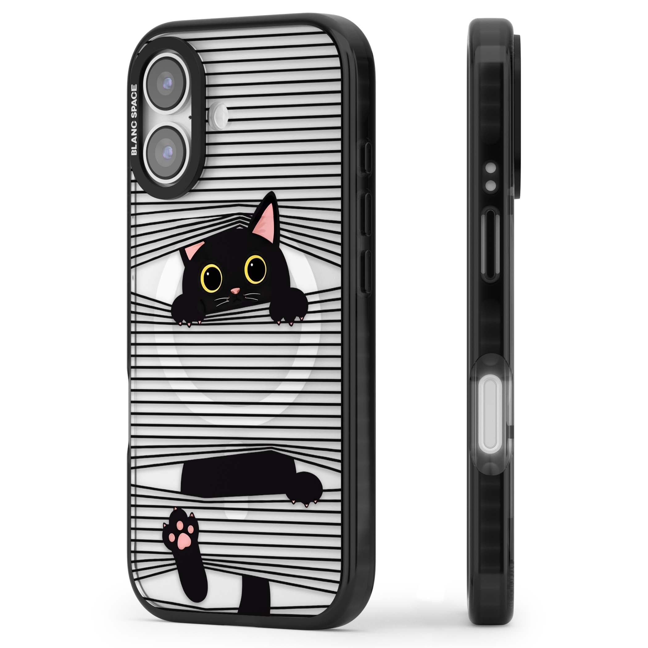 Peek-a-Boo Cat minimal iPhone case featuring black cat peeking through horizontal black and white stripes | Black Impact Magsafe case for iPhone 17
