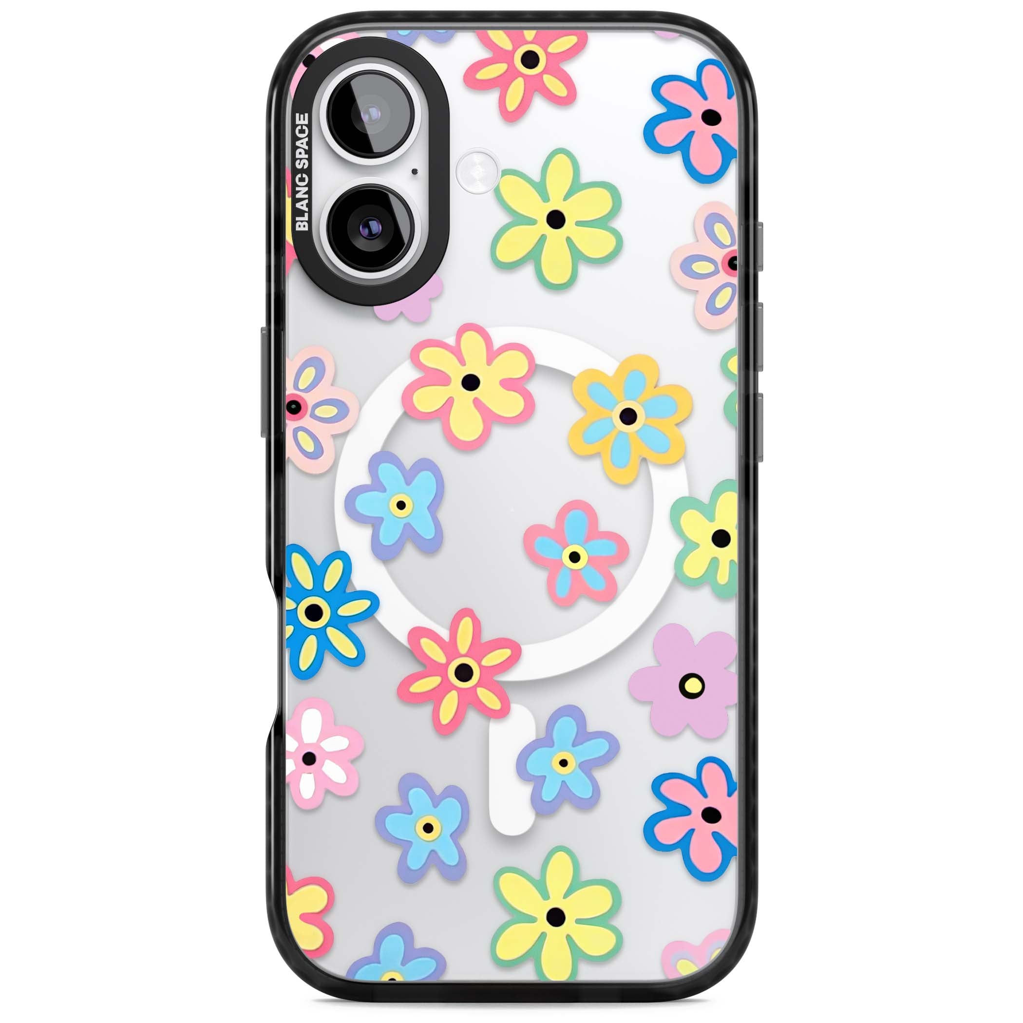 Bloom Pop cottagecore iPhone case featuring multicolor pastel flowers with black centers on clear background | Black Impact Magsafe case for iPhone 17