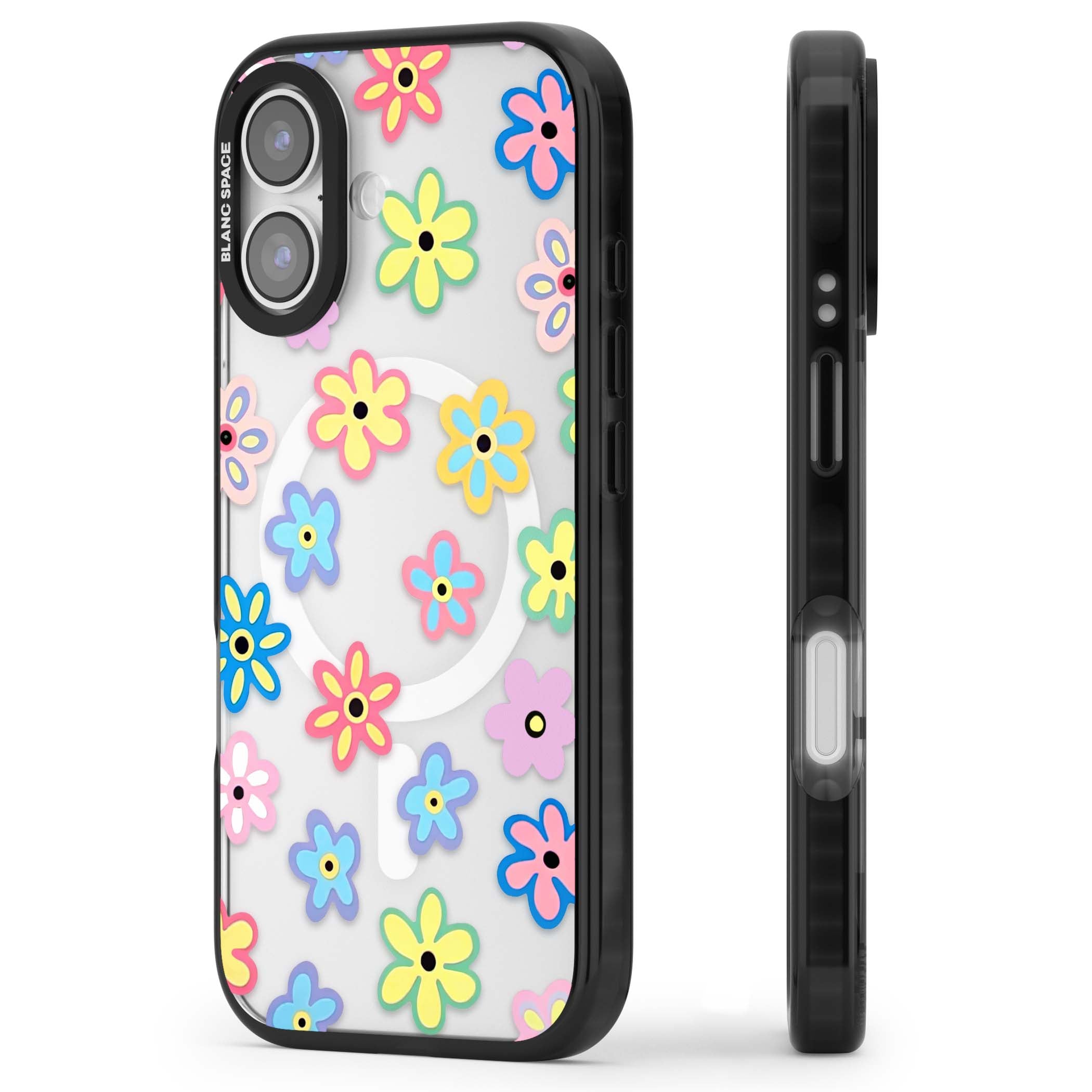 Bloom Pop cottagecore iPhone case featuring multicolor pastel flowers with black centers on clear background | Black Impact Magsafe case for iPhone 17