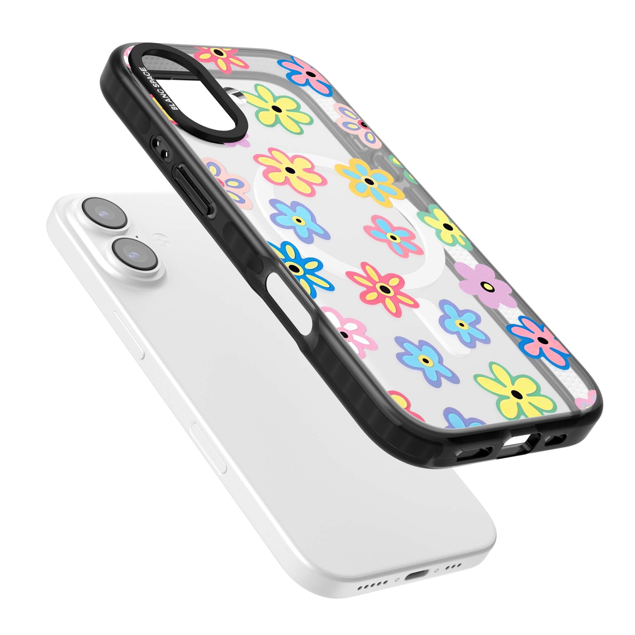 Bloom Pop cottagecore iPhone case featuring multicolor pastel flowers with black centers on clear background | Black Impact Magsafe case for iPhone 17