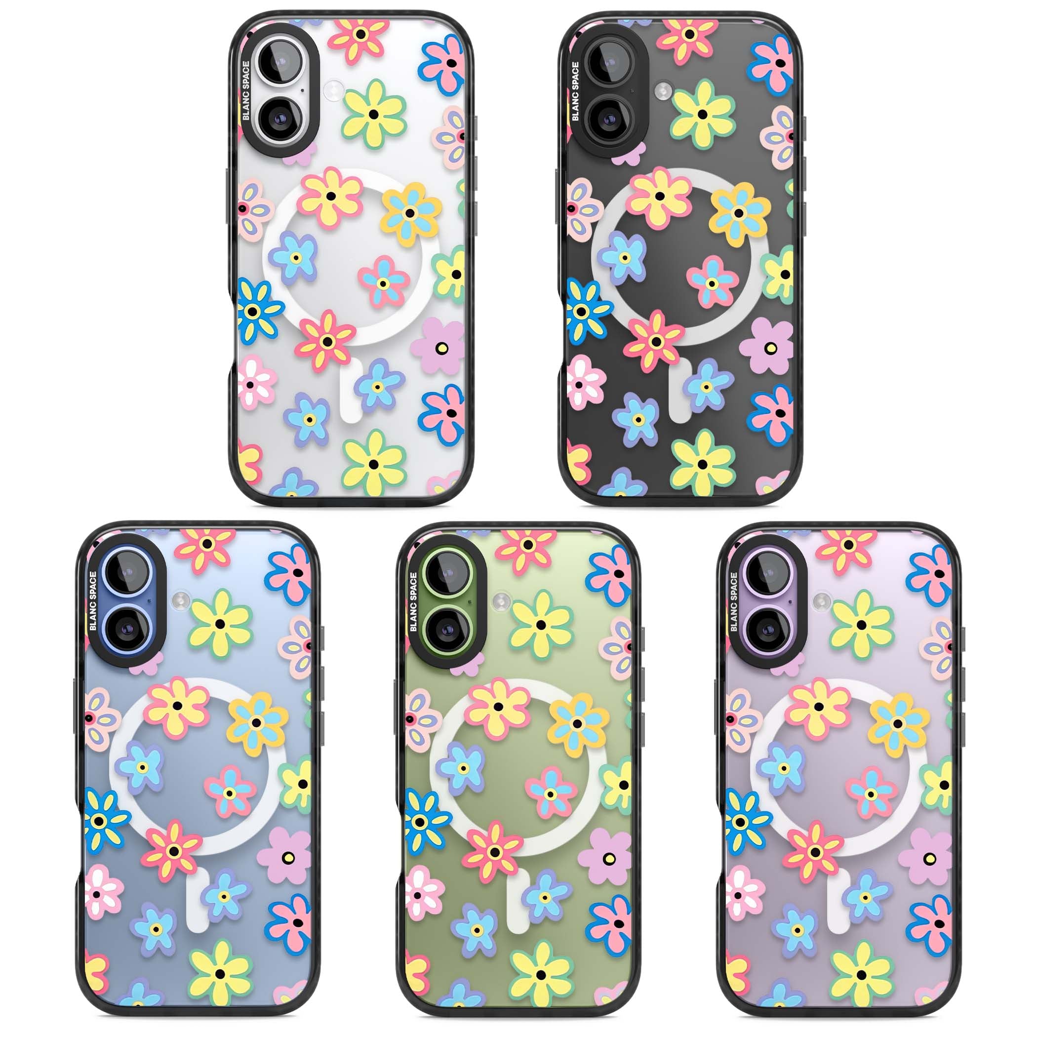 Bloom Pop cottagecore iPhone case featuring multicolor pastel flowers with black centers on clear background | Black Impact Magsafe case for iPhone 17