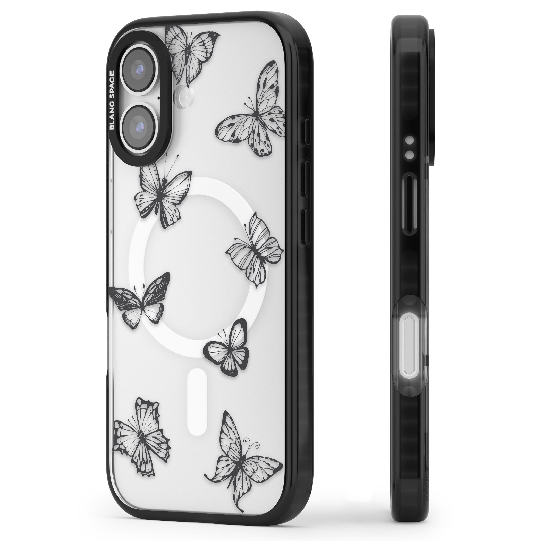 Grey Butterfly Line Pattern iPhone 17 Impact Pro Black Phone Case Side Profile