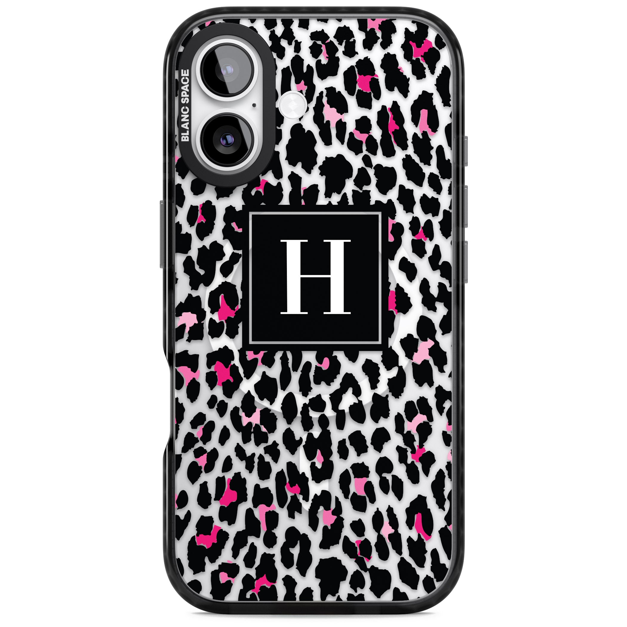 Personalised Clear Pink Leopard Monogram iPhone 17 Impact Pro Black Phone Case