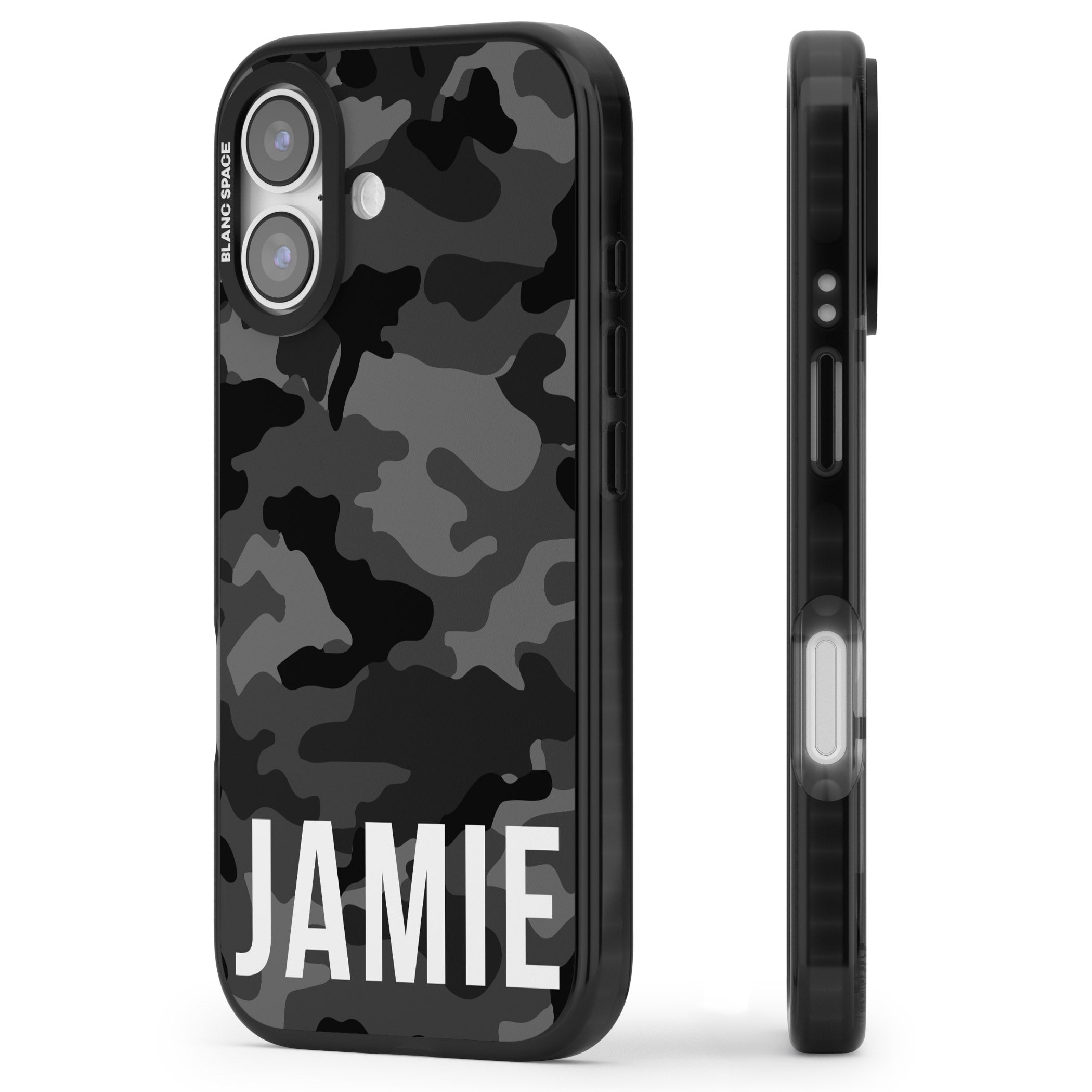 Personalised Black Camo Name Horizontal iPhone 17 Impact Pro Black Phone Case Side Profile