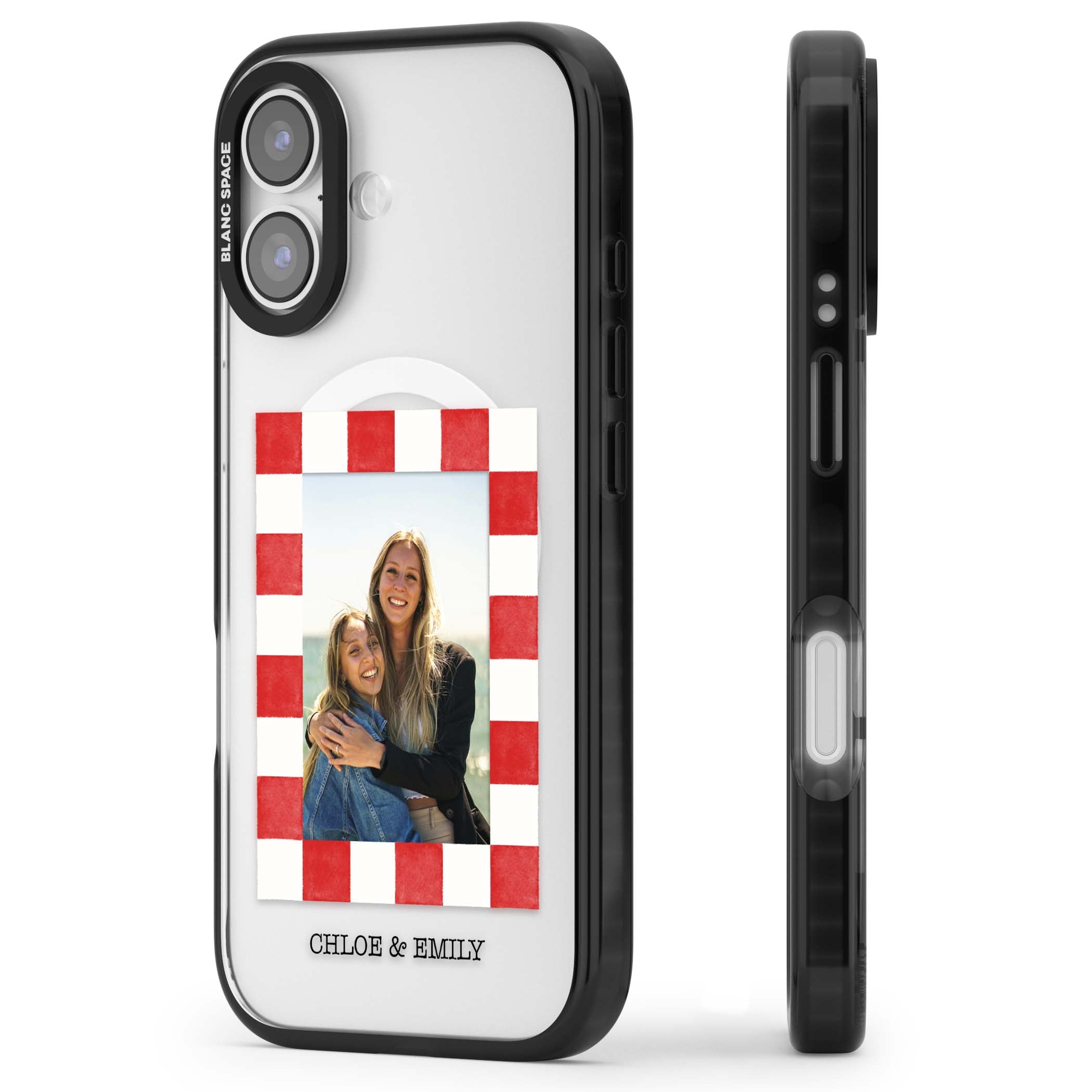 Red Check Photo personalised photo iPhone case with red and white checkered polaroid frame and custom couple name | Black Impact Magsafe case for iPhone 17